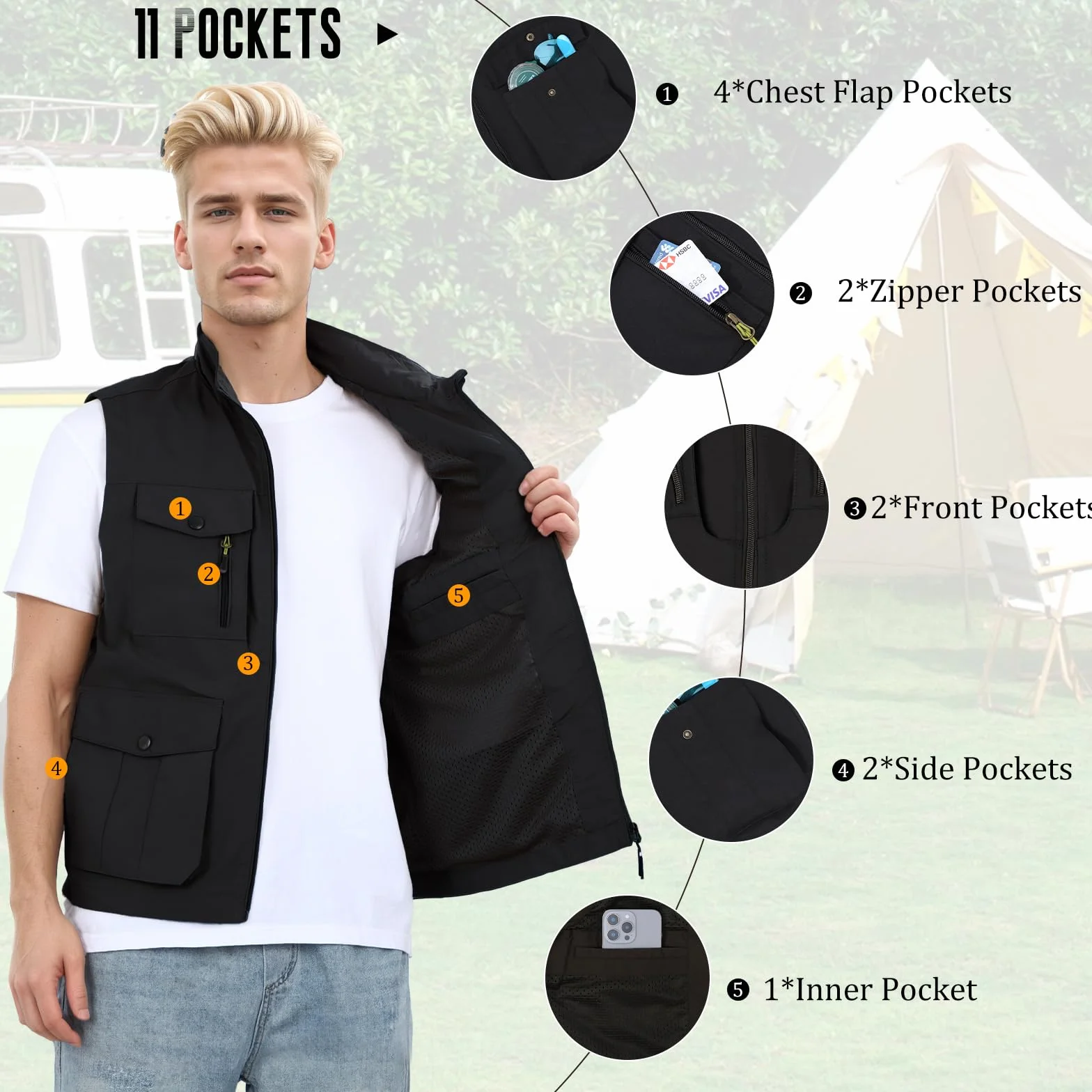 Chaleco de Pesca para Hombre con Múltiples Bolsillos Chaleco Informal Ligero Transpirable Fotografía de Viajes al aire Libre Chaqueta sin Mangas