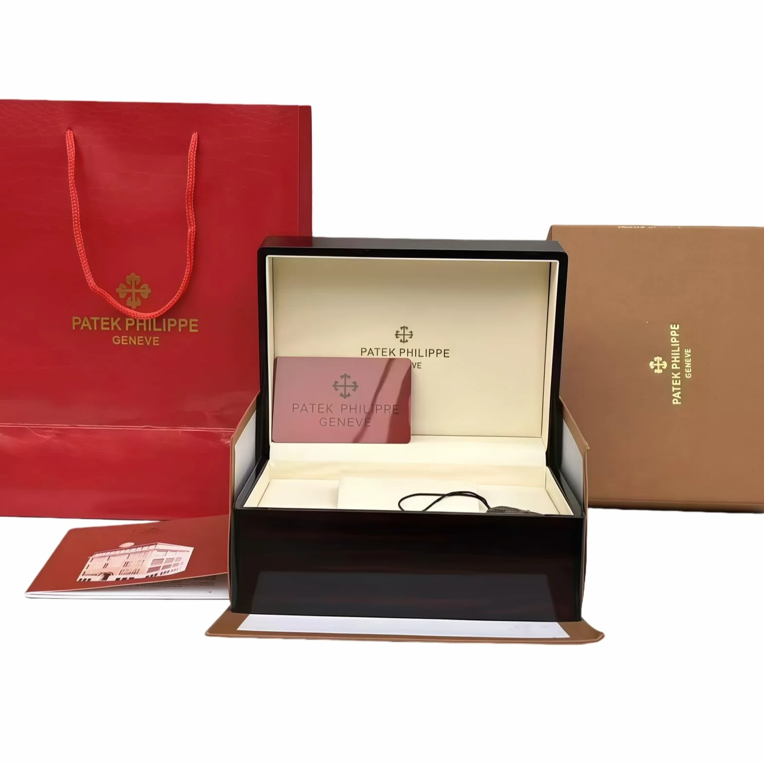 Patek Philippe Caja Reloj Madera Caoba Oscura Lacado Piano Alto Brillo Interior Cuero Crema Estuche Almacenamiento Lujo