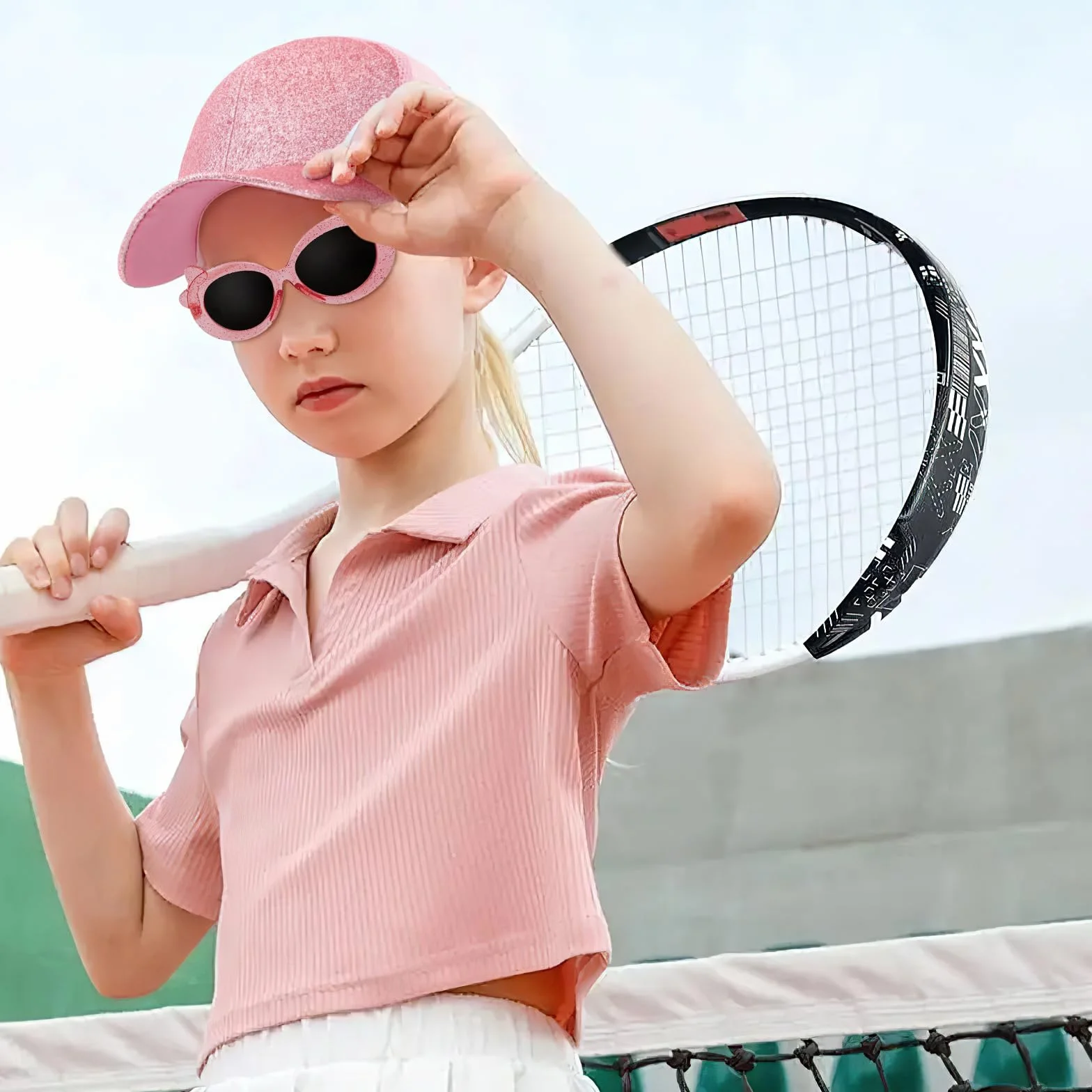 Gorra de Béisbol para Niña Cola de Caballo Ajustable Malla Gafas de Sol Verano Purpurina Rosa