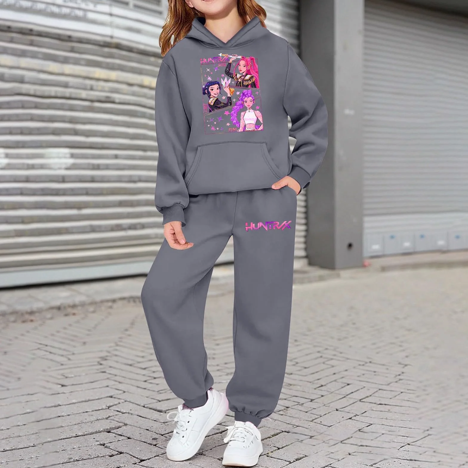 K-K-pop D-Demon H-Hunters 2 Piezas Unisex Niños K-pop Jogging Traje de Ocio Dos Piezas H-Huntrix H-Huntr/X Hip Hop con Estampado Anime Sudadera con Capucha Camiseta Manga Larga Niños Niñas Traje
