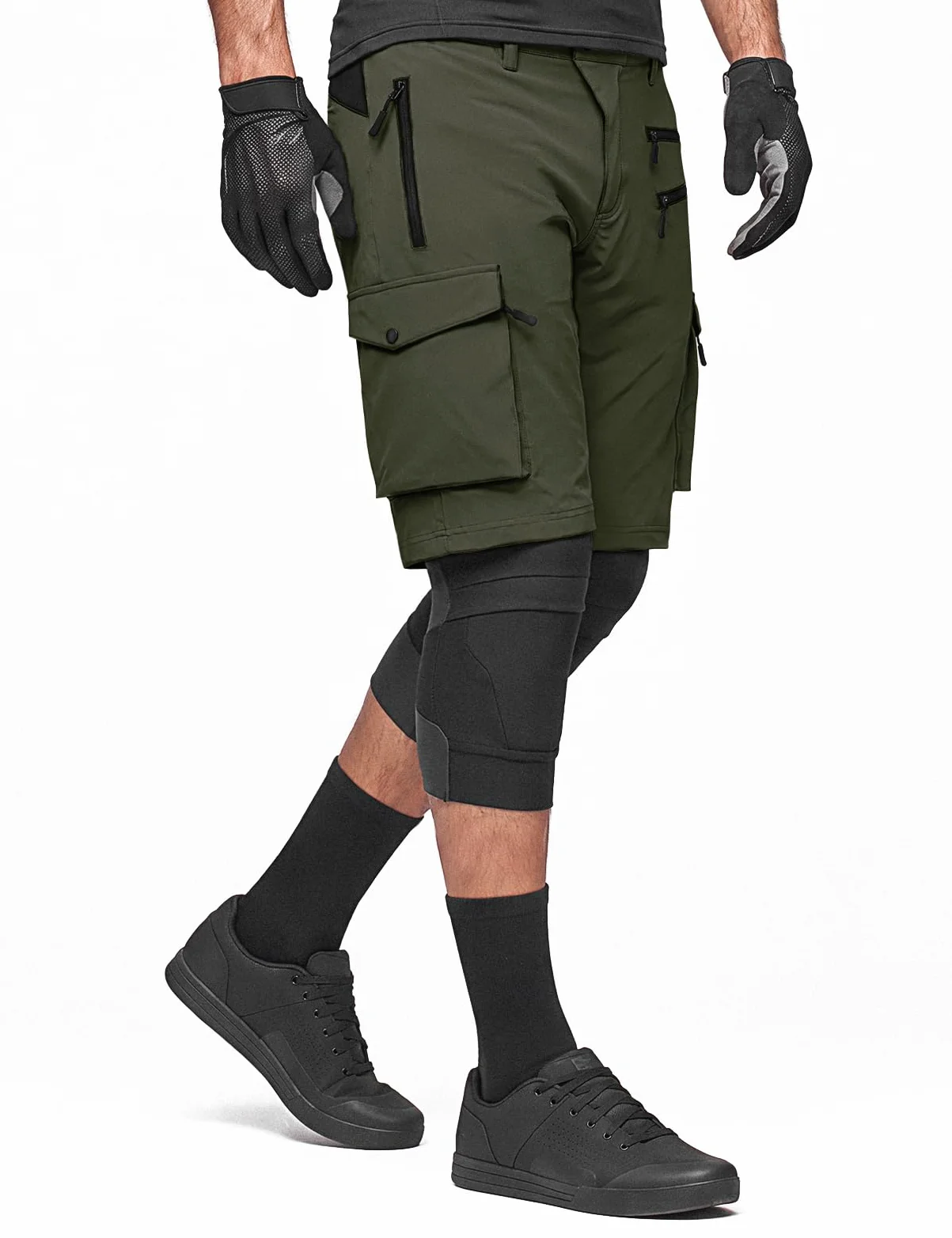 Hiauspor Pantalones Cortos de Ciclismo de montaña para Hombre, de Secado rápido, con Bolsillos con Cremallera MTB Trekking (Multi-Verde, L)