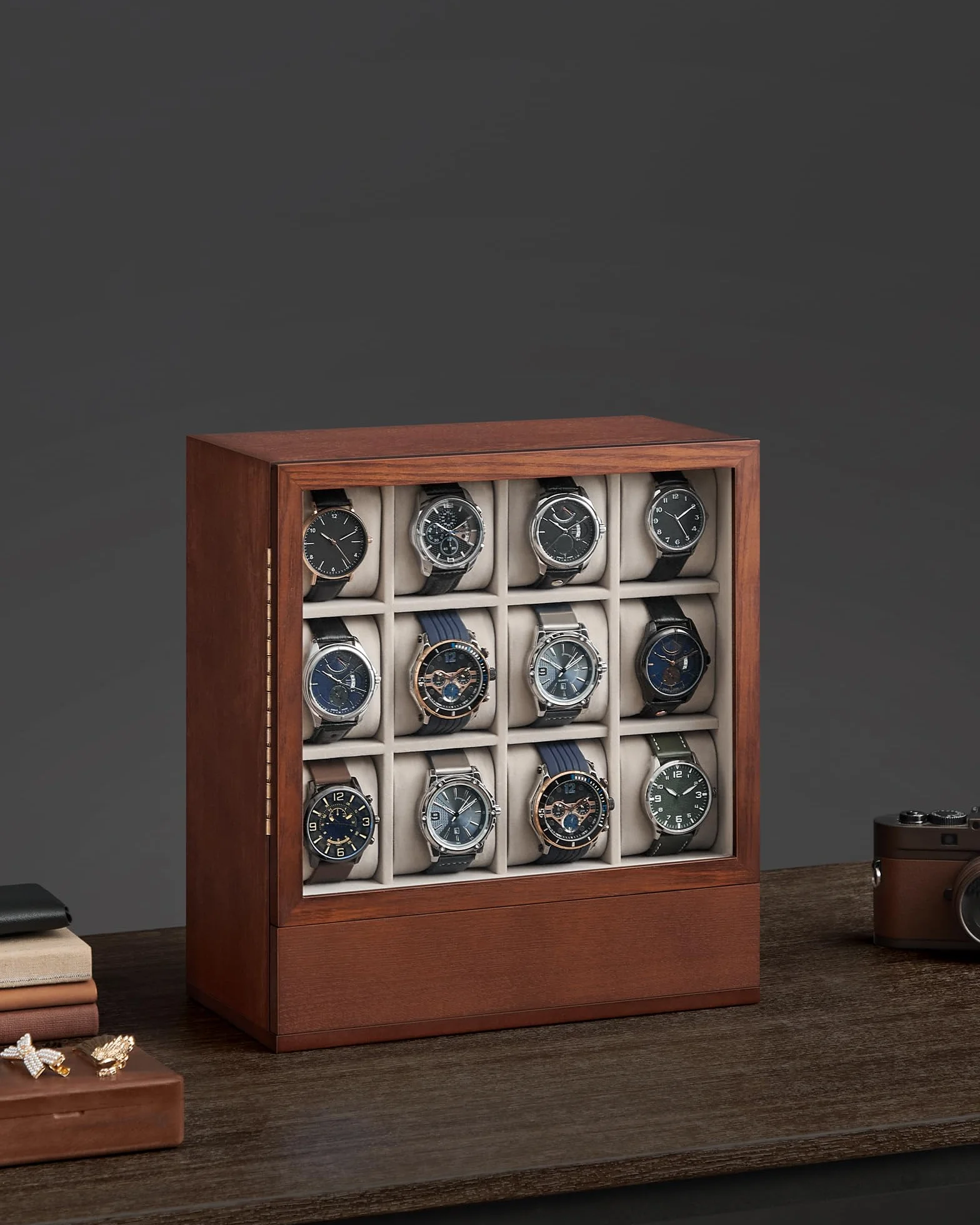 SONGMICS JOW014K01 Caja de relojes con 12 cajones, caja de reloj de madera con ventana, gabinete de exhibición de madera de chapa maciza, almacenamiento vertical, ahorro de espacio, idea