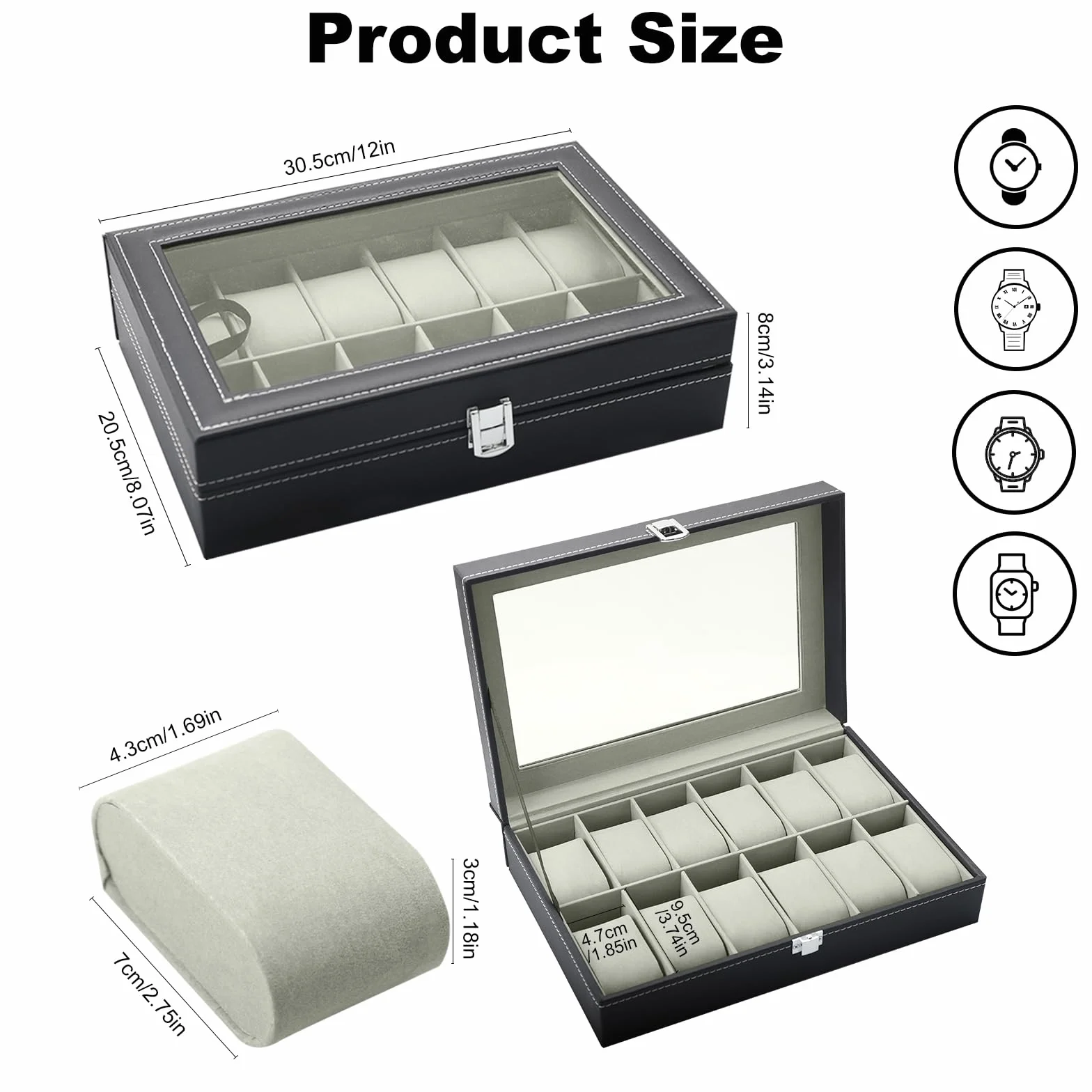 Caja de Relojes 12 Compartimentos Estuche de Relojes de PU con Cubierta de Cristal acrílico y almohadillas extraíbles unisex para regalo o almacenamiento personal