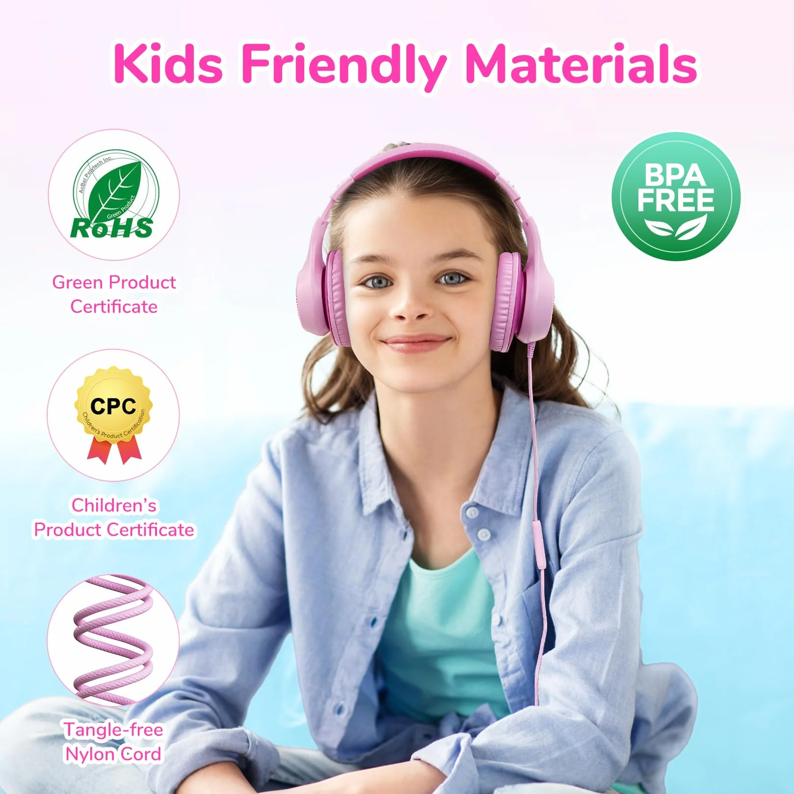 EarFun Auriculares para Niños con Micrófono, Cascos Infantiles con Cable Jack 3,5 mm, Volumen Limitado 85/94 dB, Sonido Estéreo HD, Diadema Plegable para Pad, Tabletas, La Escuela, Rosa