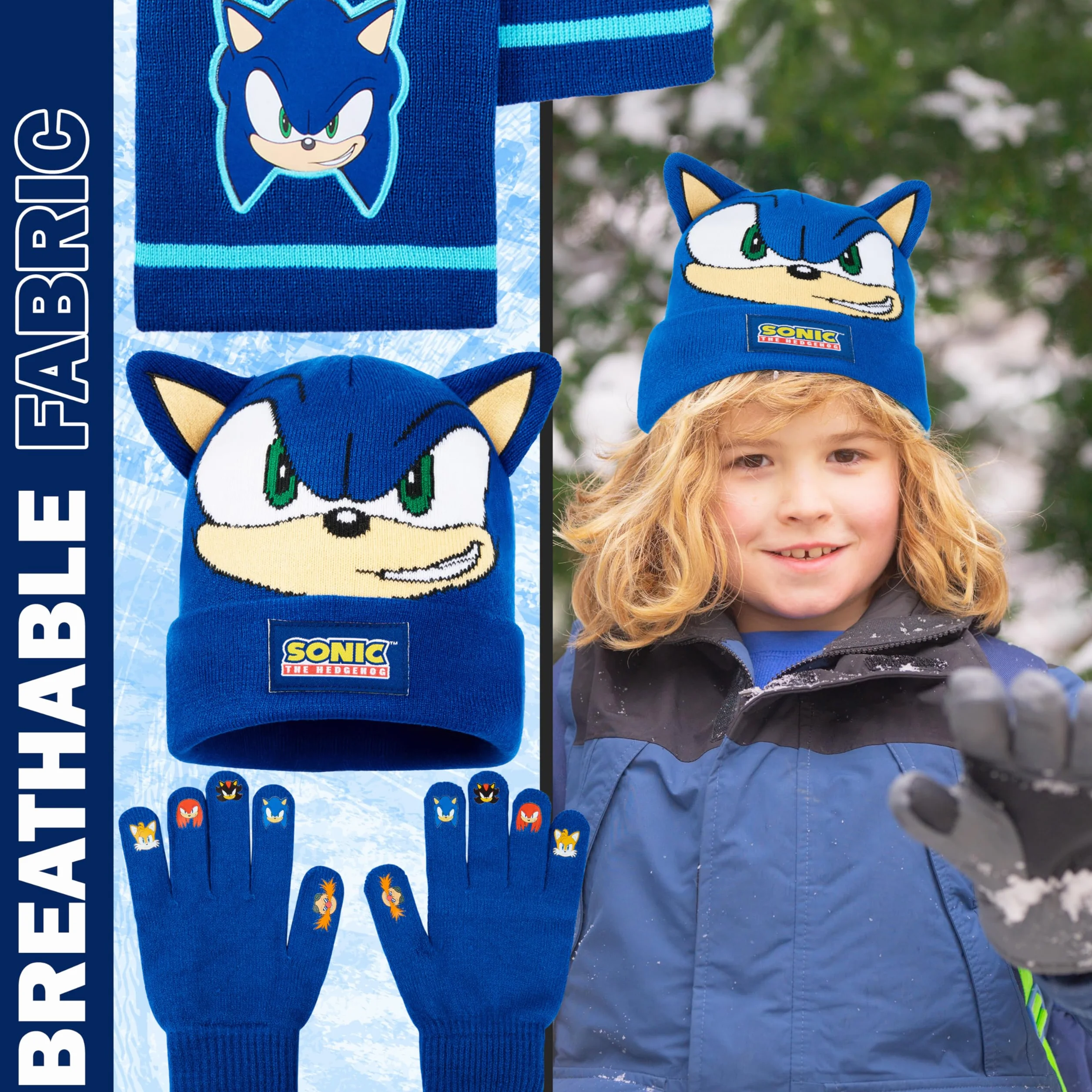 Get Trend SONIC THE HEDGEHOG Conjunto Bufanda Gorro y Guantes Niño, Accesorios de Invierno Cálido para Fans, Regalo para Gamers