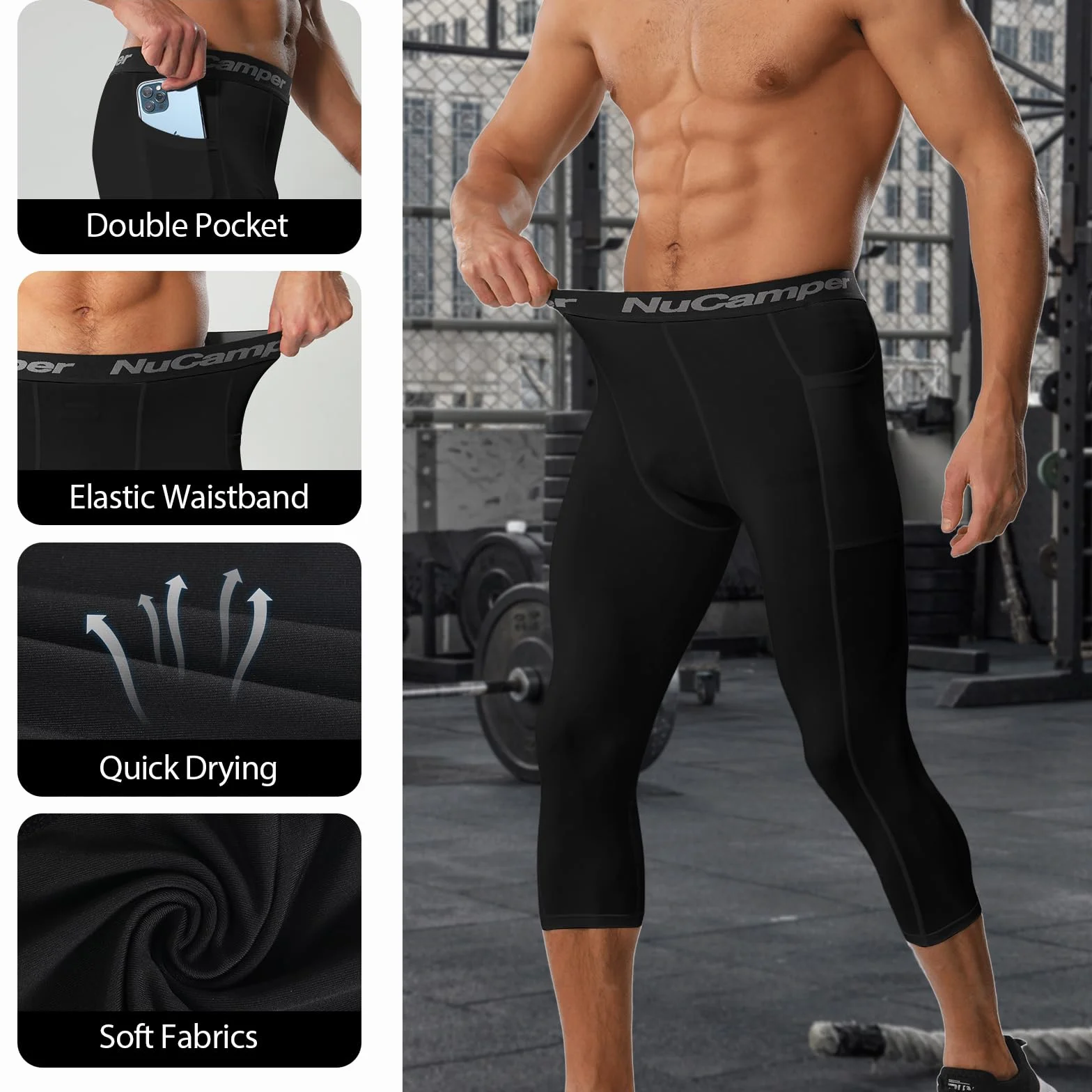 NuCamper Pantalones de Compresión Hombre 3/4 Leggings con Bolsillo Secado Rápido Gimnasio