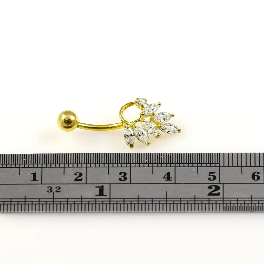 Piercing para ombligo de oro amarillo macizo de 14 quilates con circonita cúbica y diseño de hoja de piedra - Joyería de ombligo de 14 quilates - Piercing para el ombligo de calibre 14,