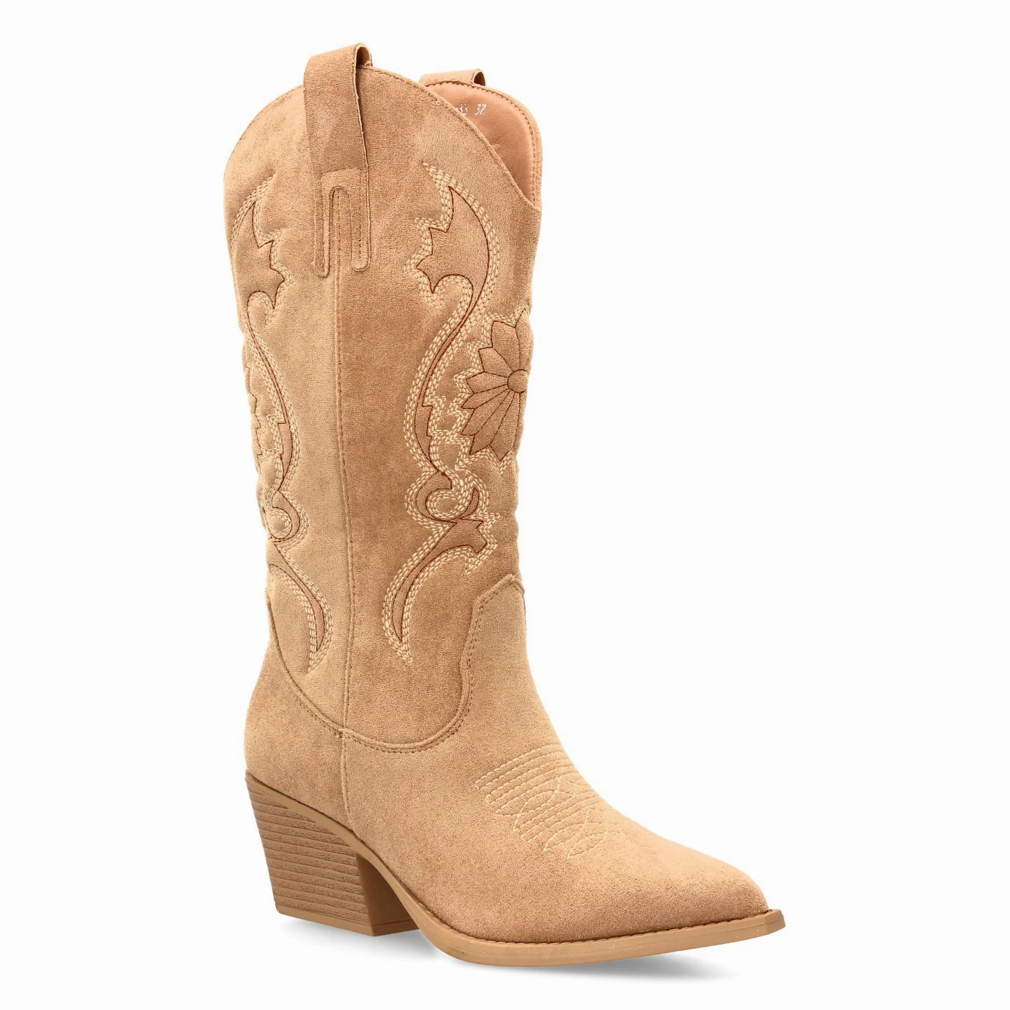 Bota Cowboy de Cana Alta con Bordados para Mujer. Tacon Medio y Punta Fina, Estampado Liso. Estilo campero y Cierre de Cremallera, Ideales para Temporada Otono Invierno.