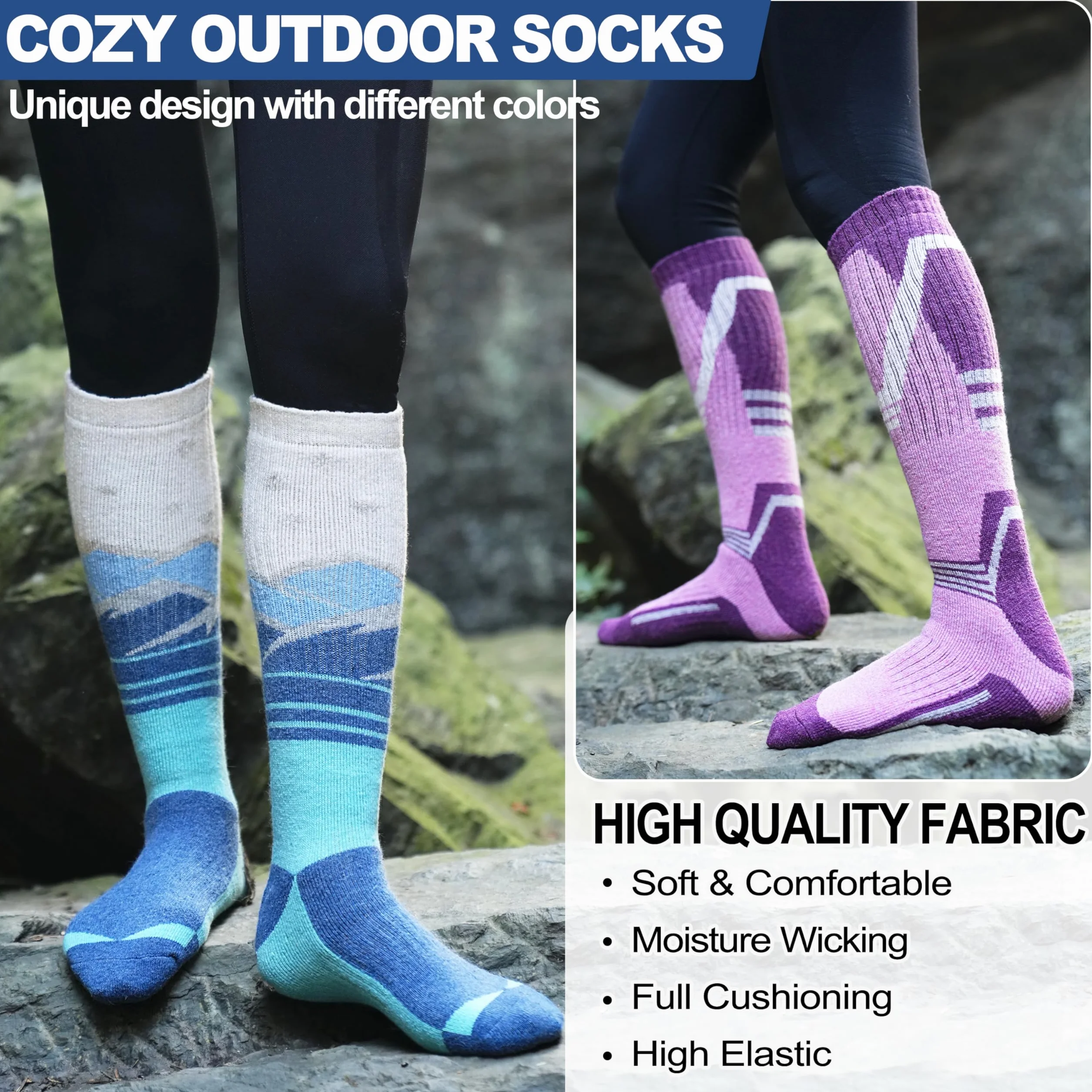 Sandsuced 3 pares Calcetines de esquí de lana merino de esquí de rodilla alta de invierno cálido térmico para mujeres hombres