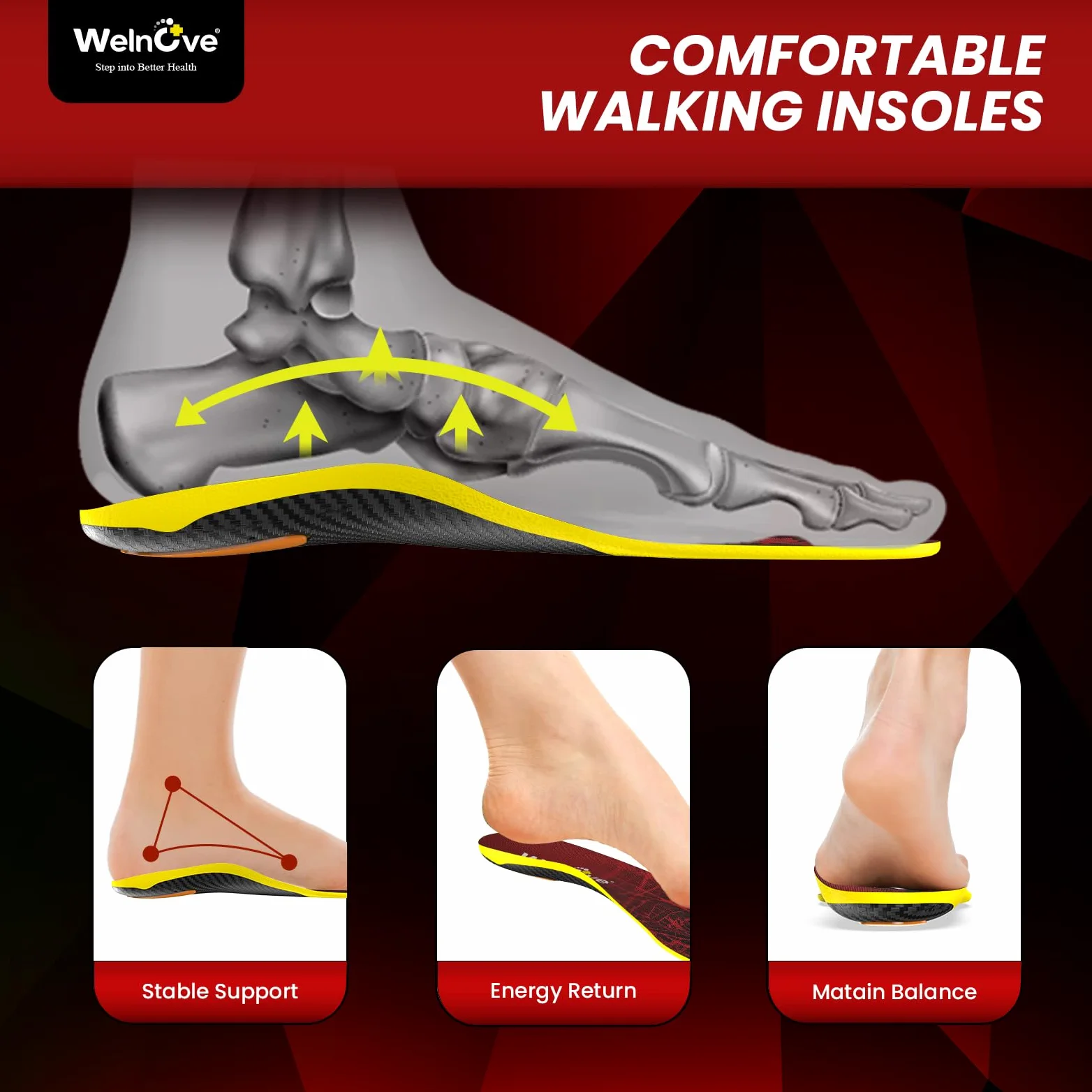 Walk Comfort Insoles - Welnove Pain Relief Insoles with Arch Support Cushion Inserts for Walking, Work & Travel - All-Day Comfort for Standing on Feet,Anti Fatigue - XL