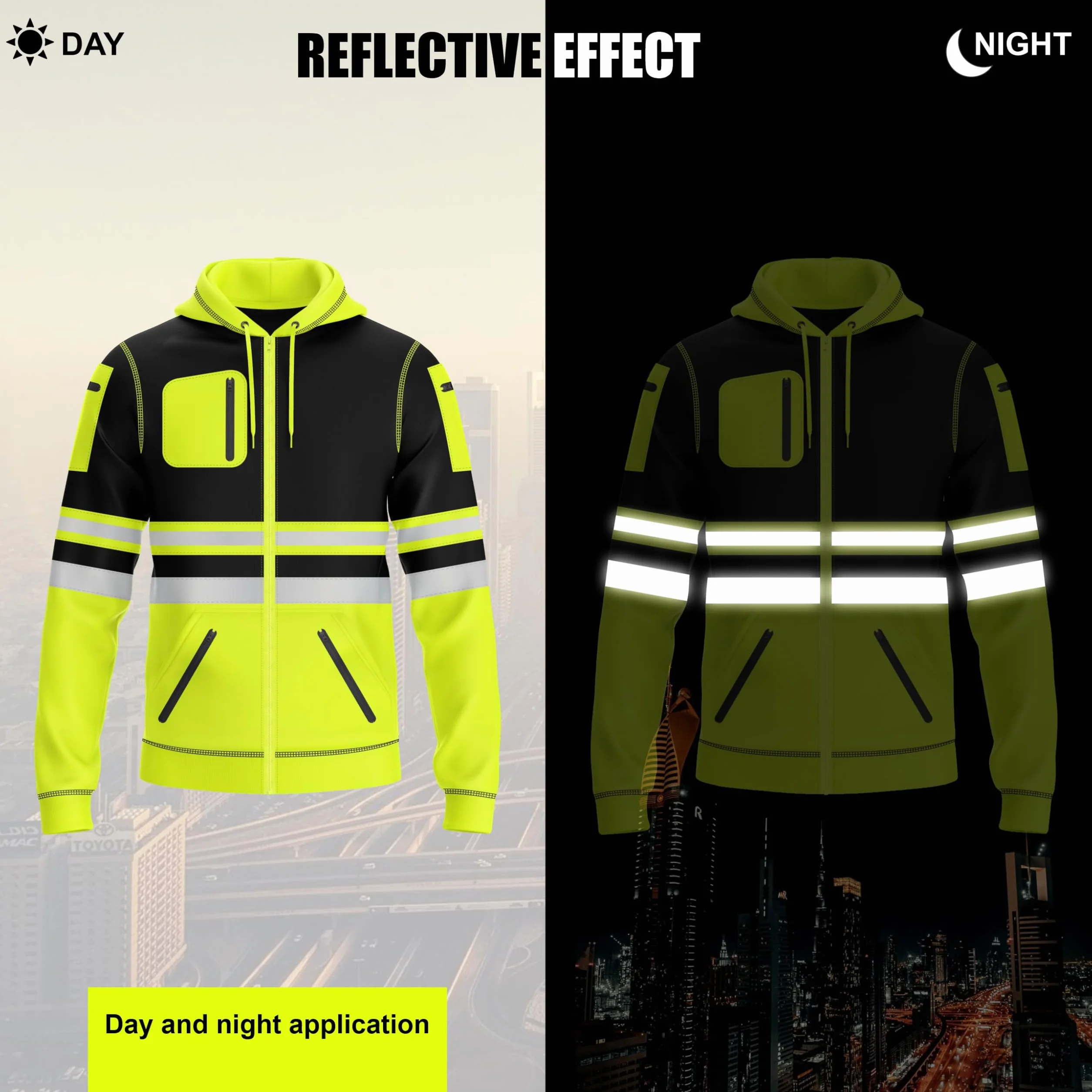 Mens Hi Vis Pullover Hoodie Reflective Tape Safety Work Drawstring Multi Zipped Pockets High Viz High Visibility Hoodie Sweatshirt
