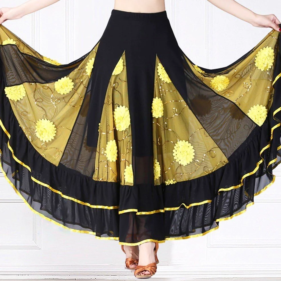 Falda De Baile Lírico para Mujer, Falda Larga De Gasa con Flores De Lentejuelas, Faldas Envolventes Transparentes, Falda Larga De Baile Social para Actuación De Ballet Moderno