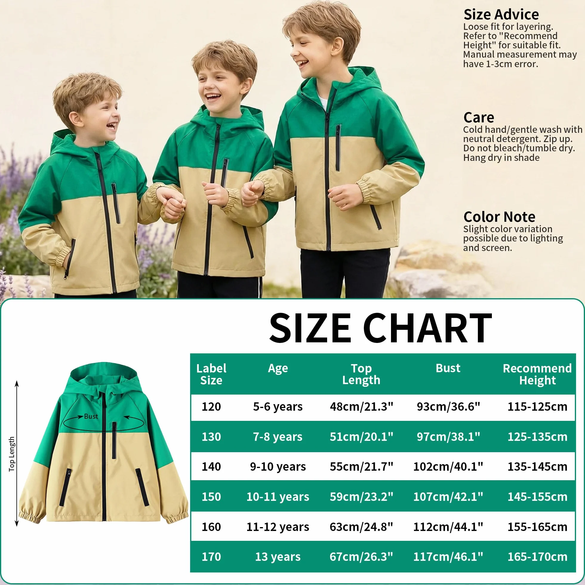 Chaqueta Impermeable Infantils, Chubasquero con Tiras Reflectantes y Bolsillos Cremallera, Ligero Cortavientos con Capucha, Ropa Abrigo Niñas Niños Exterior Escuela para Edad 5-13