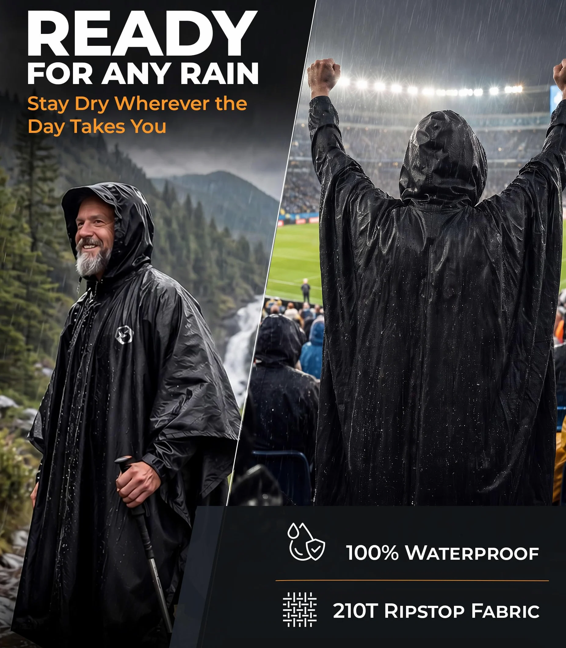 Foxelli Poncho de lluvia con capucha para adultos – Chubasquero impermeable, reutilizable, extra largo, para hombre y mujer, equipo ligero, negro, talla única, Negro , Talla única
