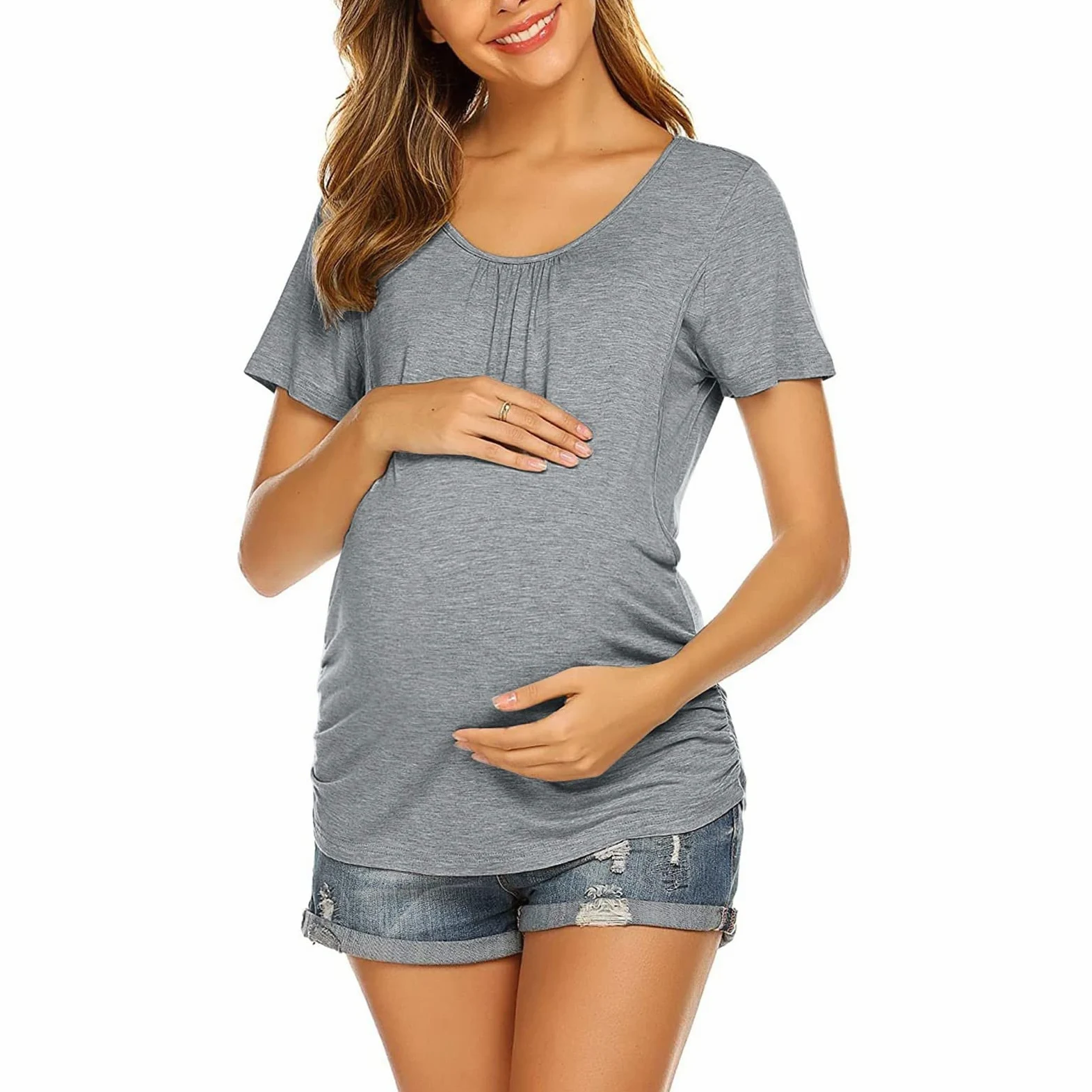 Top de maternidad para mujer, informal, manga corta, fruncido lateral, cuello redondo, chaleco básico de lactancia materna para maternidad, 3 unidades