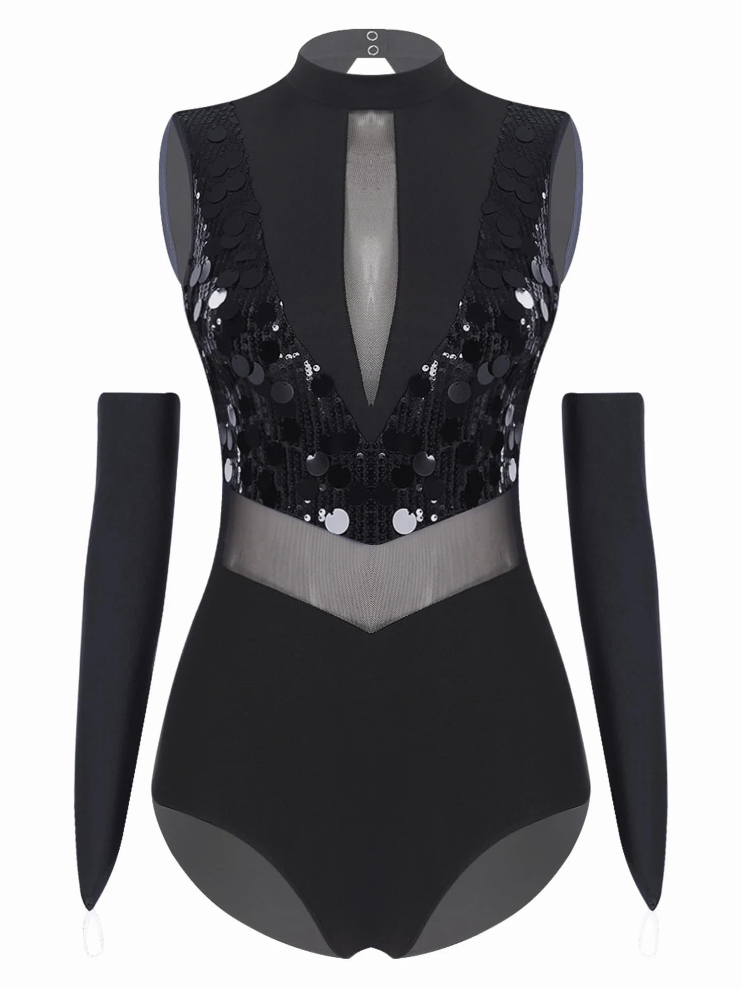 Aislor Leotardo De Danza Gimnasia Con Lentejuelas Brillantes Body Sin Mangas Malla Transparente Baile Latino Cha-cha