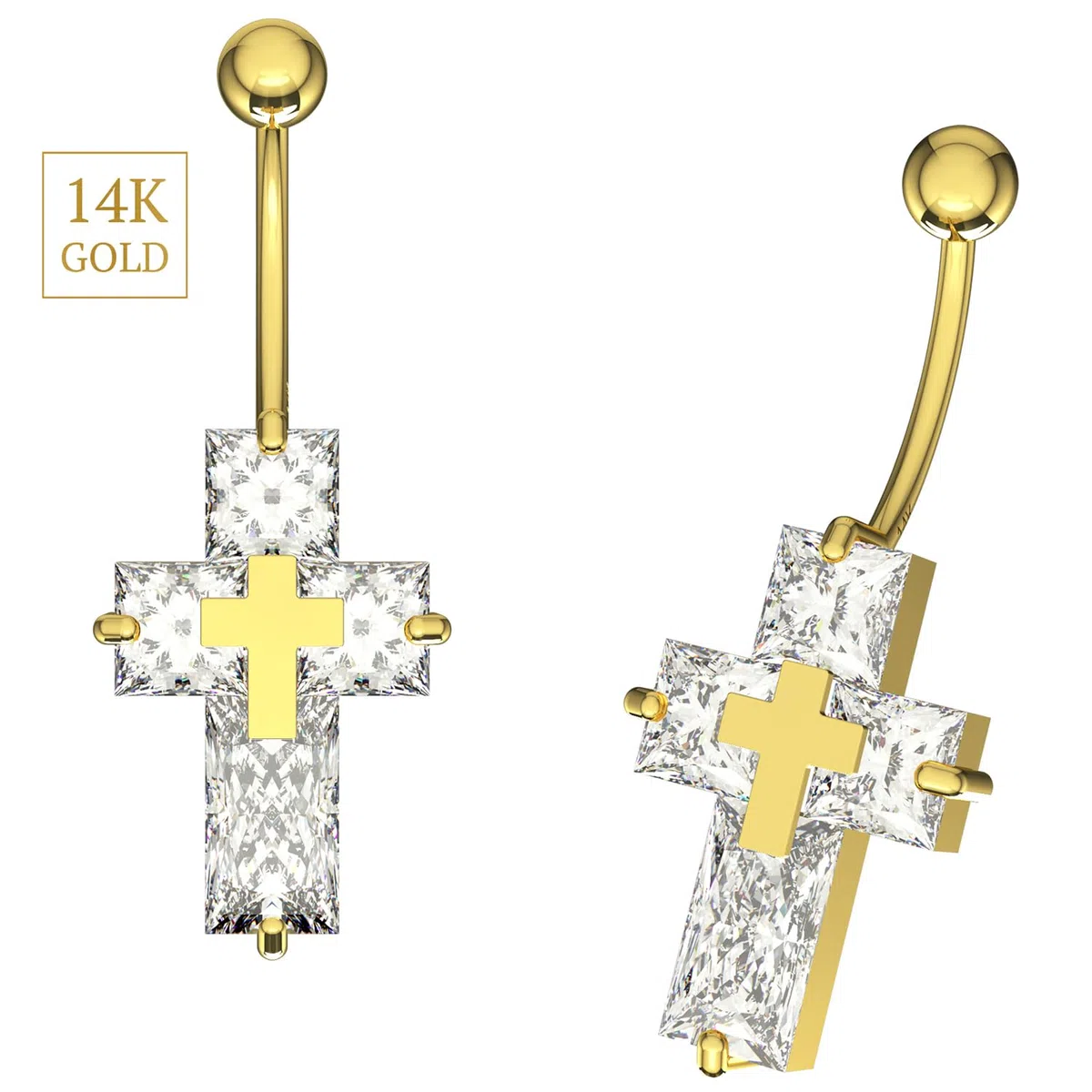 Piercing para ombligo de oro amarillo macizo de 14 quilates con piedra de circonita cúbica - Joyería de ombligo de 14 quilates - Piercing para el ombligo calibre 14, 14 Gauge - 12mm