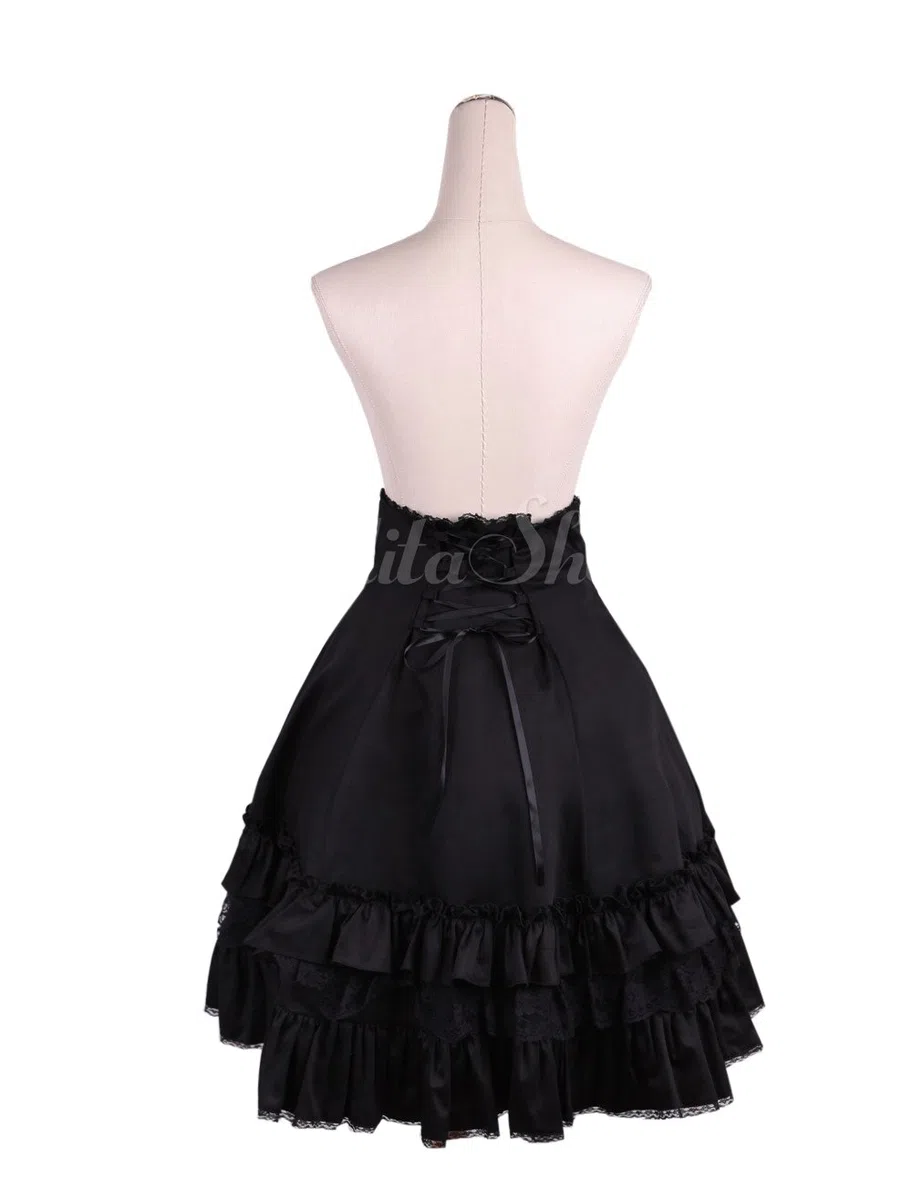 Antaina Negra Volantes Encaje Retro Gotica Sexy Lolita Alta Cintura Longitud de la Rodilla Midi Plisada Falda