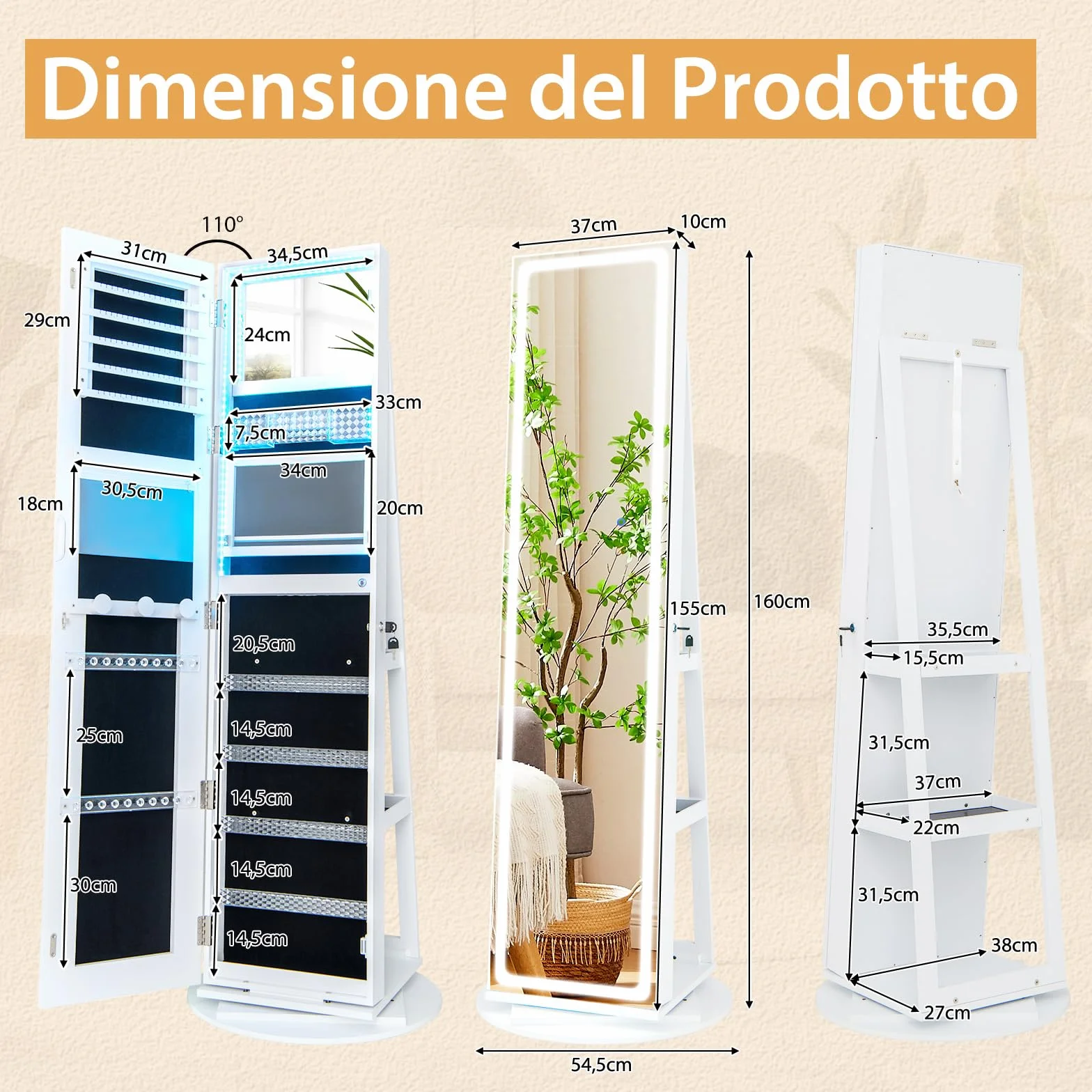 RELAX4LIFE Armario Joyero con Base Giratoria 360°y Espejo Cuerpo Entero, Espejo Joyero de Pie con Luces LED Luminosas, Organizador para Joyas y Accesorios (Blanco, 54,5x54,5x160 cm)