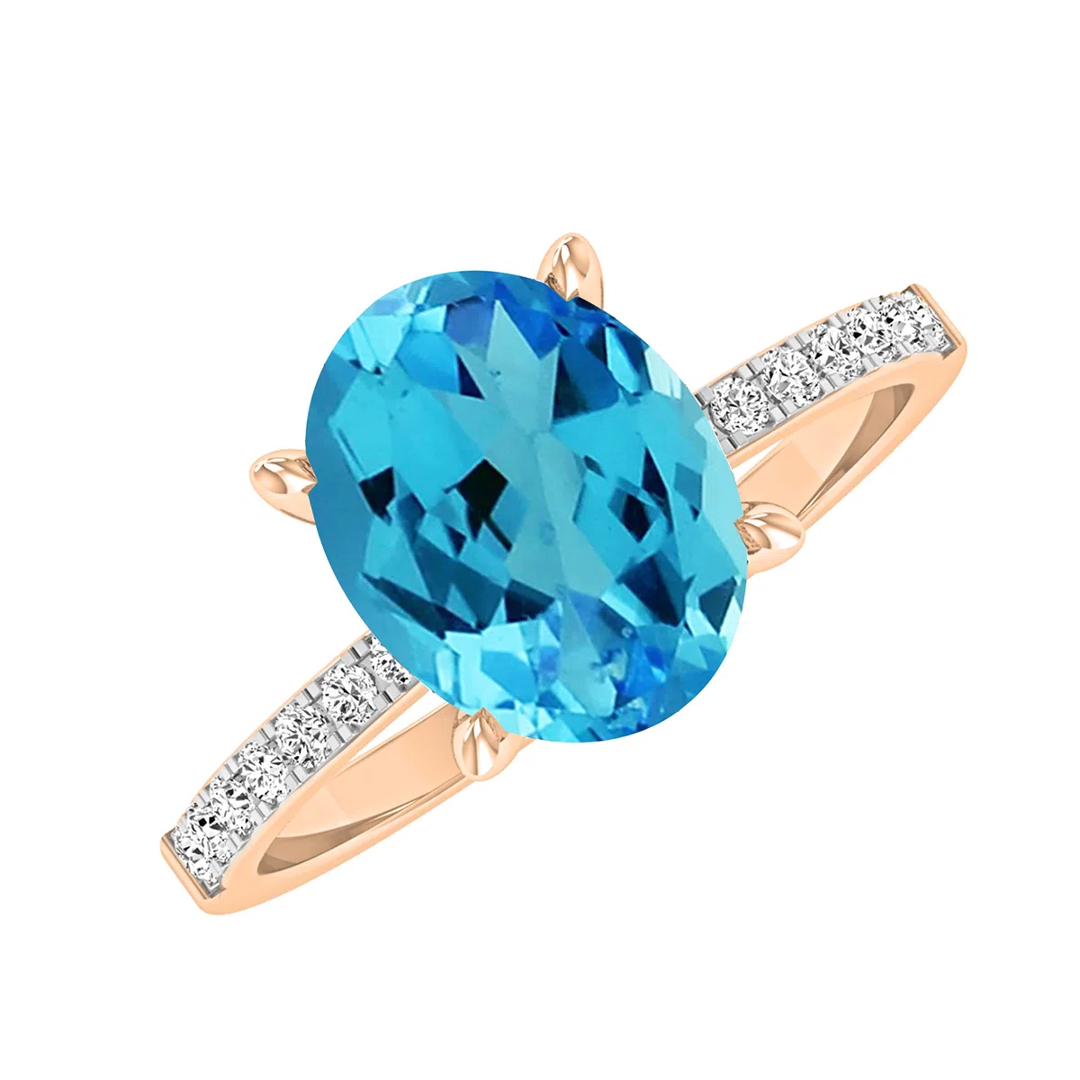 Dazzlingrock Collection Anillo de compromiso de oro rosa de 14 quilates con piedras preciosas ovaladas y diamantes blancos redondos de 9 x 7 mm para mujer, Oro rosa Topacio azul Diamante blanco Oro