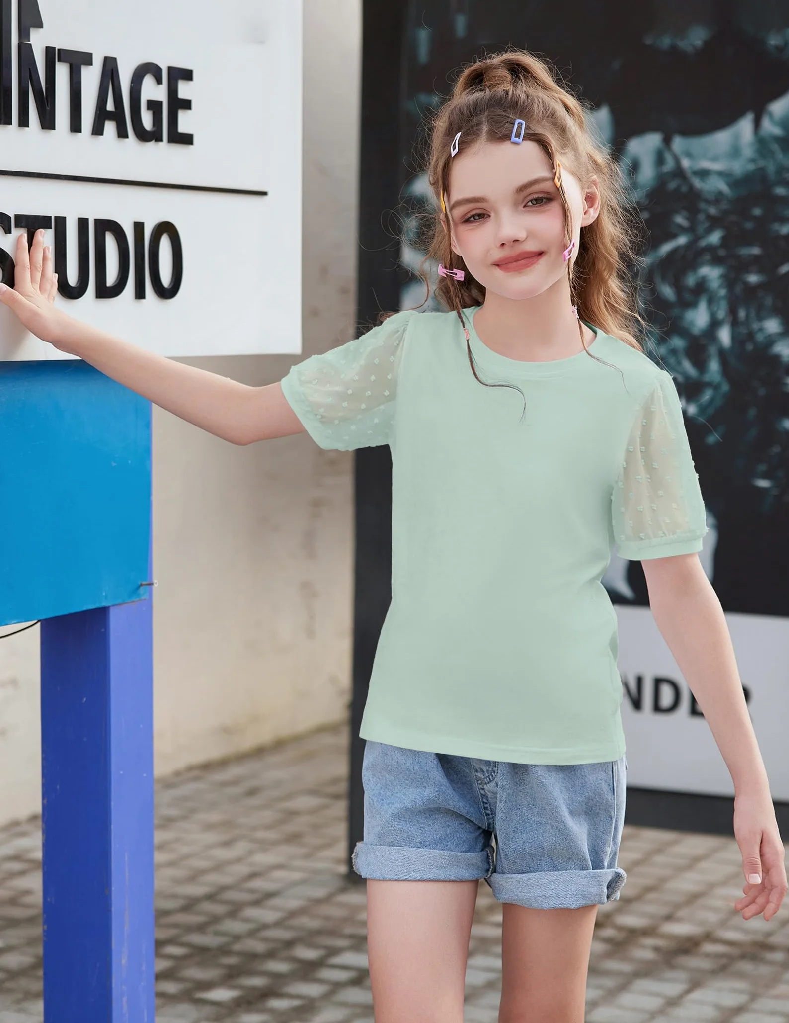 Arshiner Niñas Camisetas Mangas de Gasa Niños Verano Algodón Ocio Elegante T- Shirt Cuello Redondo Manga Corta para Niñas 5-13 Años