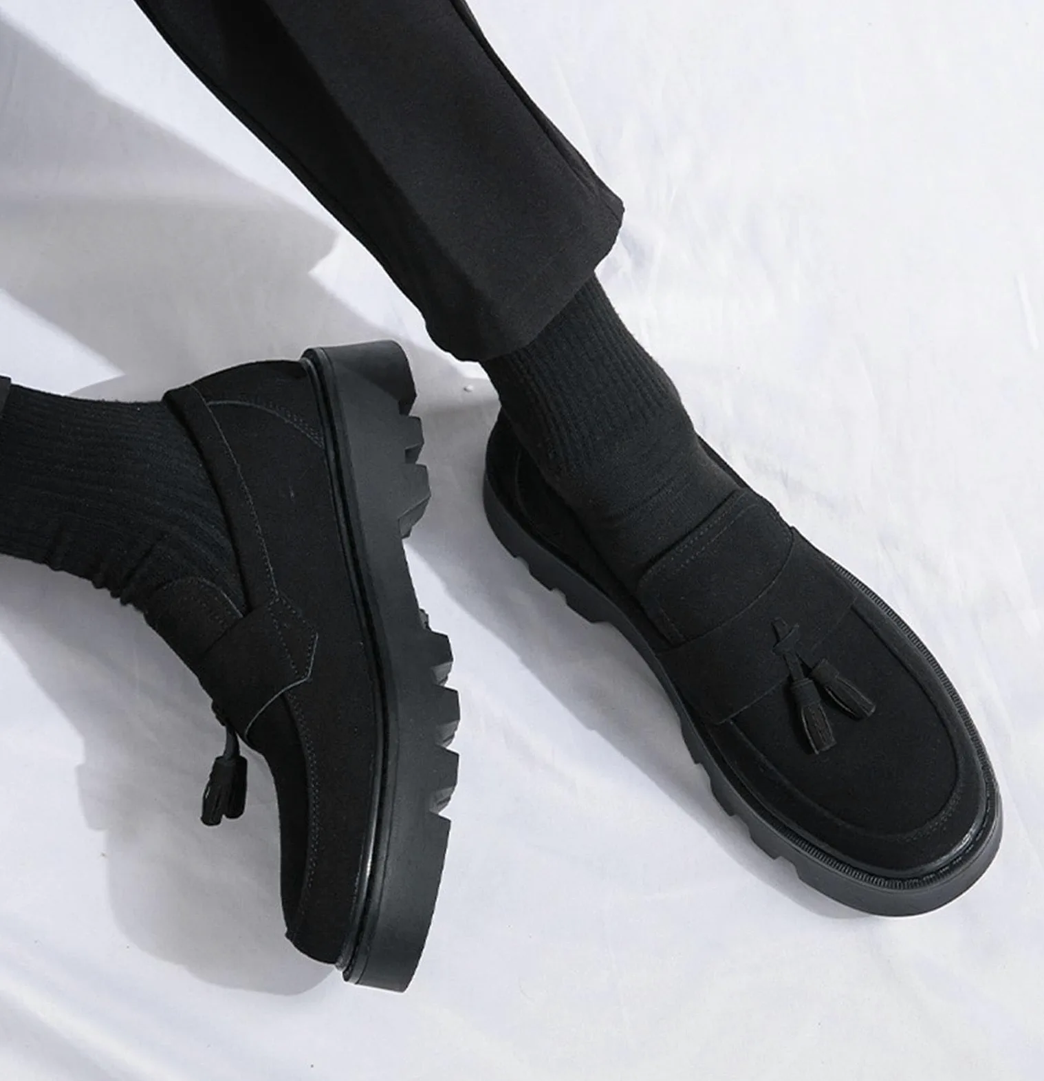 Mocasines de Gamuza para Hombre con Borlas Zapatos con Plataforma Gruesa Casual Boda Negocios Elegantes Mocasines