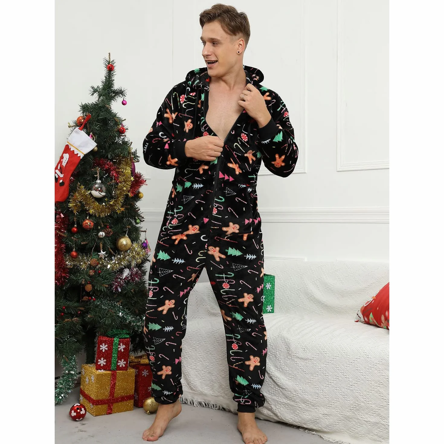 Pijama Navidad Una Pieza Hombre Franela Pijamas Mono Entero con Capucha Manga Larga Invierno Calentito Jumpsuit Adulto Onesie Ropa de Casa Dormir Caramelo de Navidad Negro XL