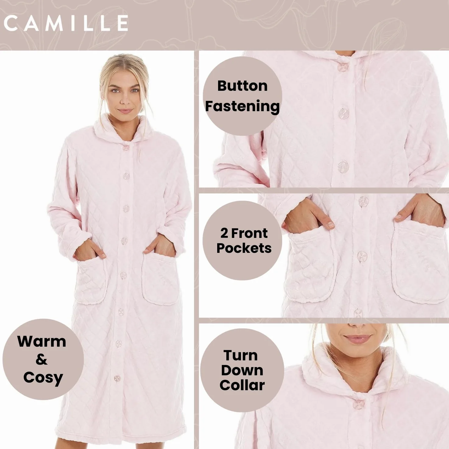 Camille Albornoz de forro polar supersuave para mujer, diseño de diamantes, albornoz con botones, manga larga con bolsillos delanteros, acogedor y cálido
