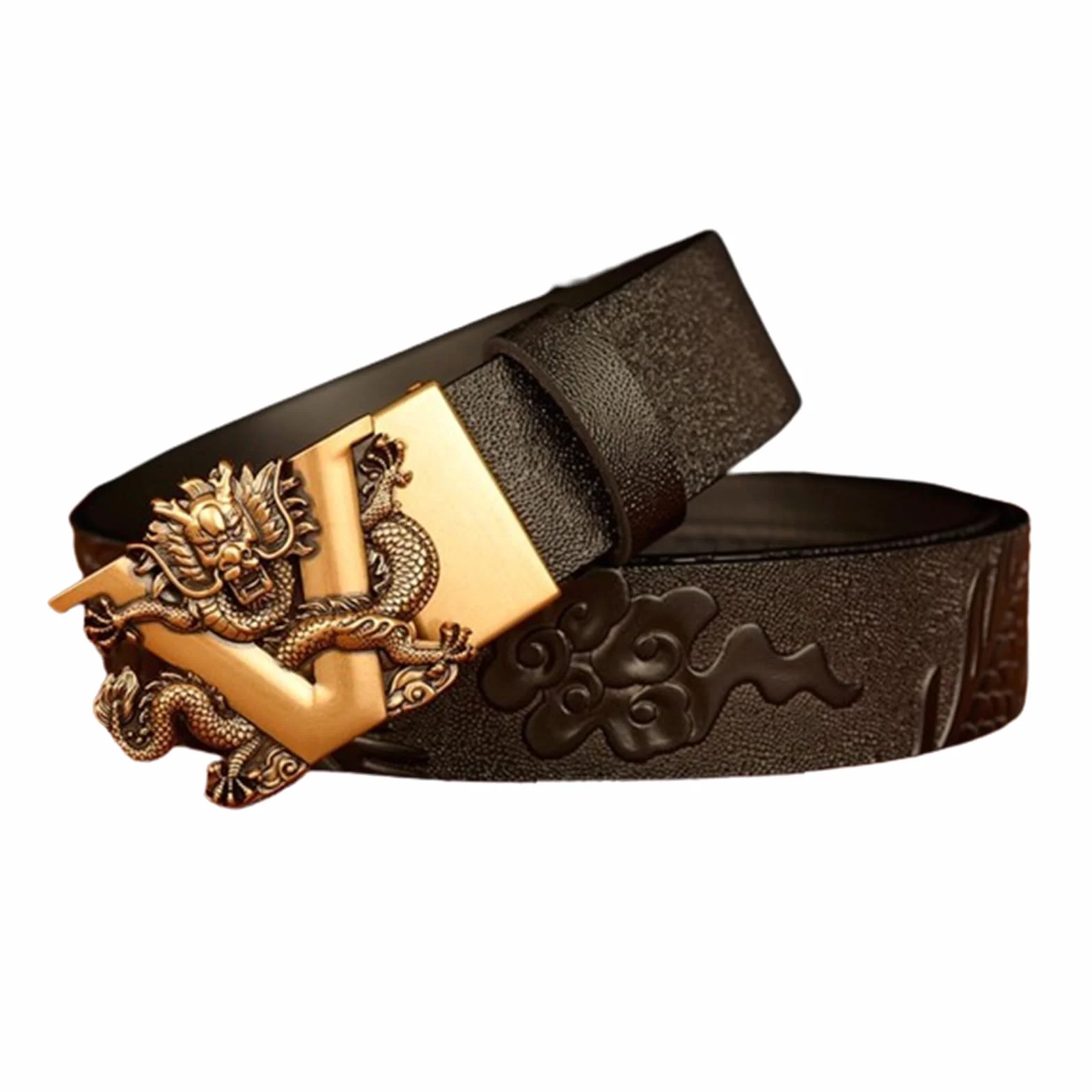 Cinturón De Vestir De Carraca para Hombre Hebilla Automática Deslizante Dragón Tallado Occidental En Relieve Cuero De Vaca De Grano Completo Correa De Grueso(110cm/43, Dragon-H)