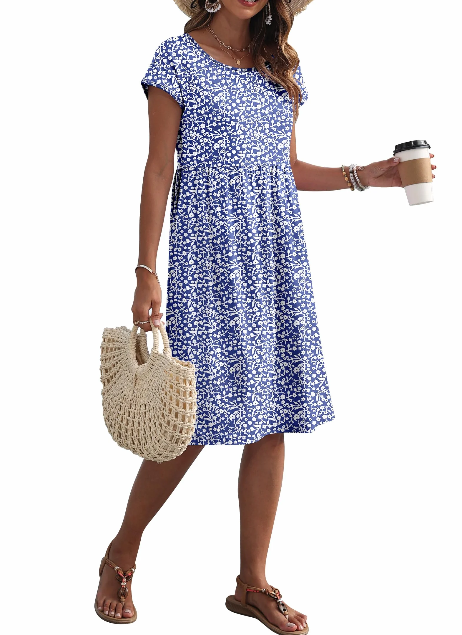 AUSELILY Vestido Mujer Manga Corta Cuello Redondo Bolsillos Holgado