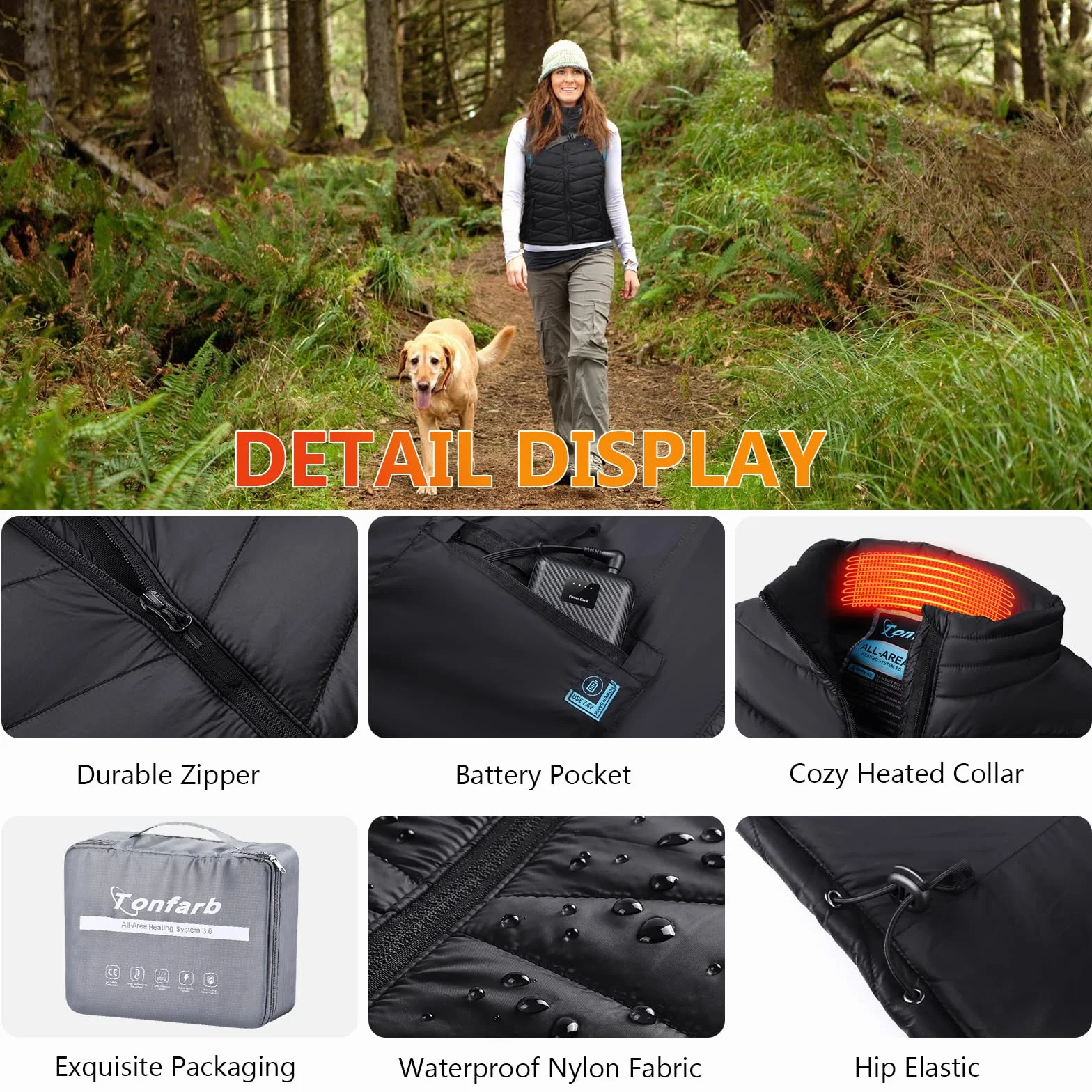Chaqueta Calefactable Mujer con Bateria Recargable 7.4V 10000mAh, 4 Zonas de Calentamiento Impermeable