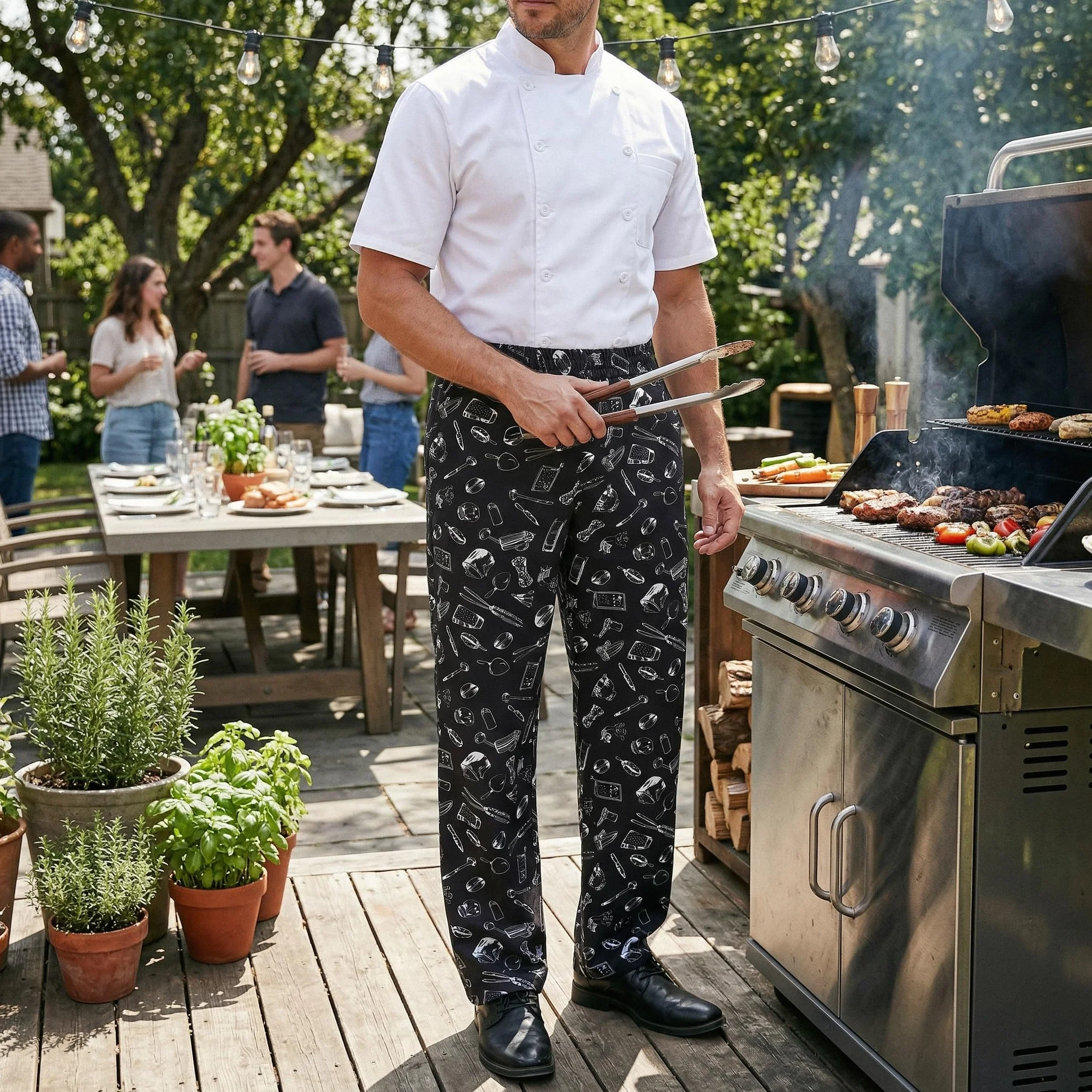 Nanxson Pantalones de Chef Holgados para Hombre, Pantalones de Trabajo Estampados con Cintura Elástica Pantalones de Chef Uniformes de Cocina para Restaurante