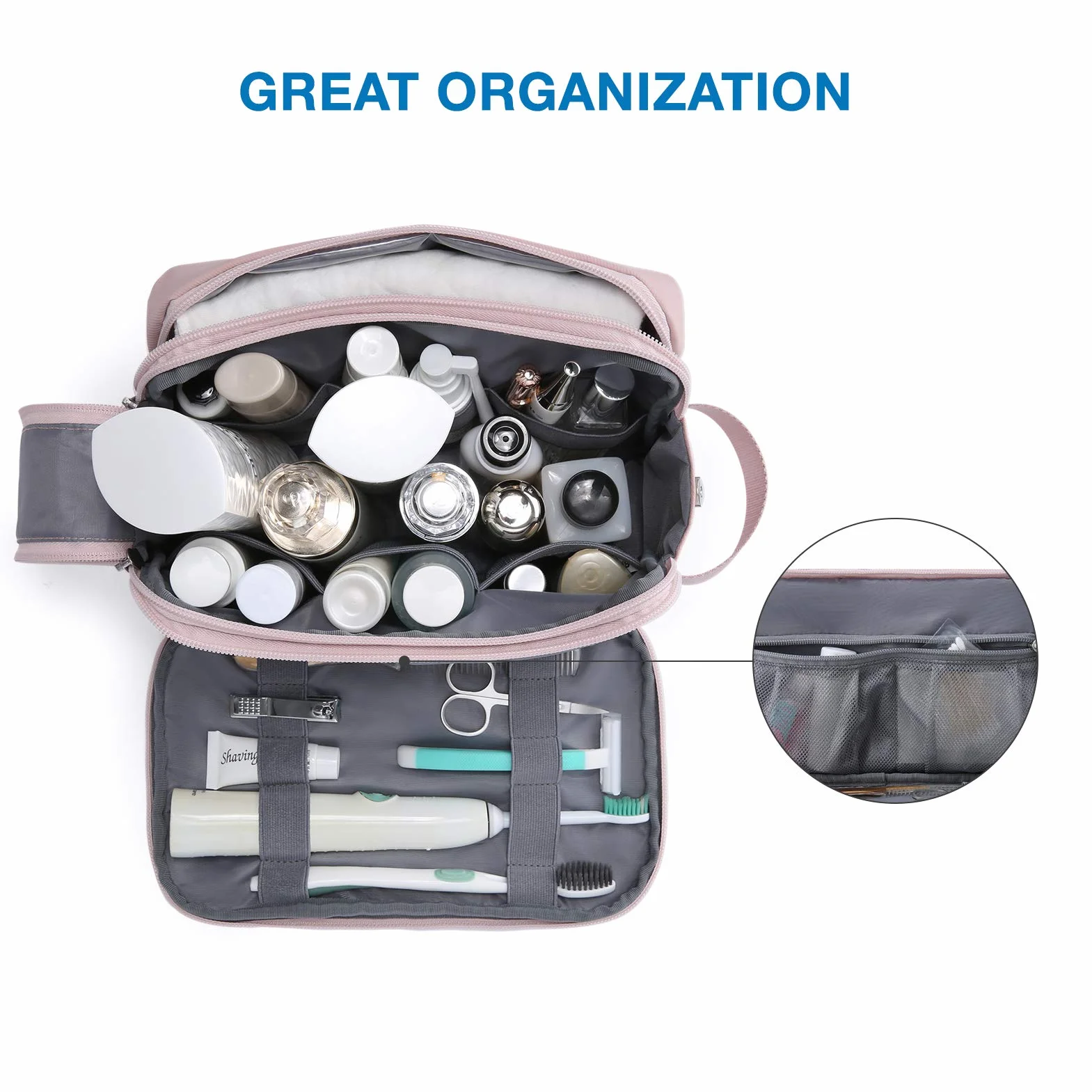 BAGSMART Neceser para Viaje Hombres y Mujer, Neceser Maquillaje Impermeable con Doble Cremallera, Bolsa de Afeitar, Gran Espacio de Almacenamiento, 5 L, Rosa, M