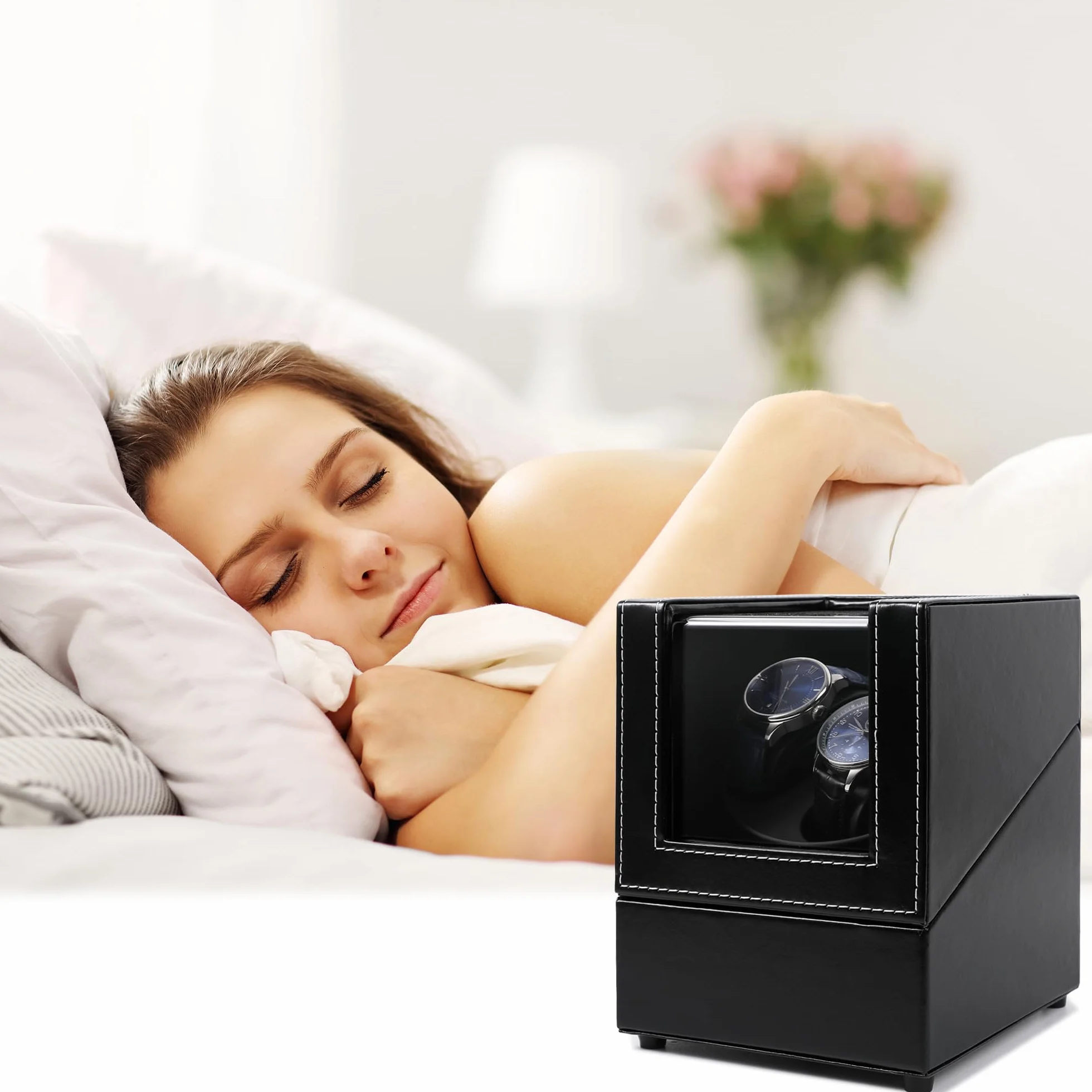 Caja giratoria para 2 relojes automáticos USB, piel sintética, motor silencioso, negro