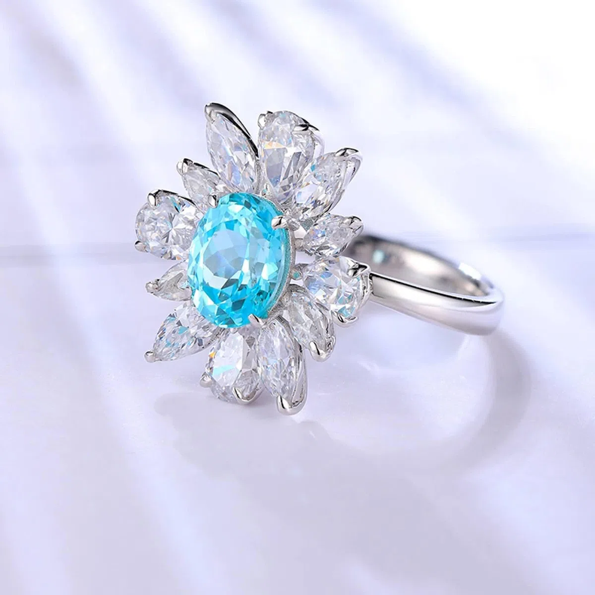 Anillo de compromiso de plata de ley para mujer, diseño de flor de moissanita y turmalina paraiba creada en laboratorio