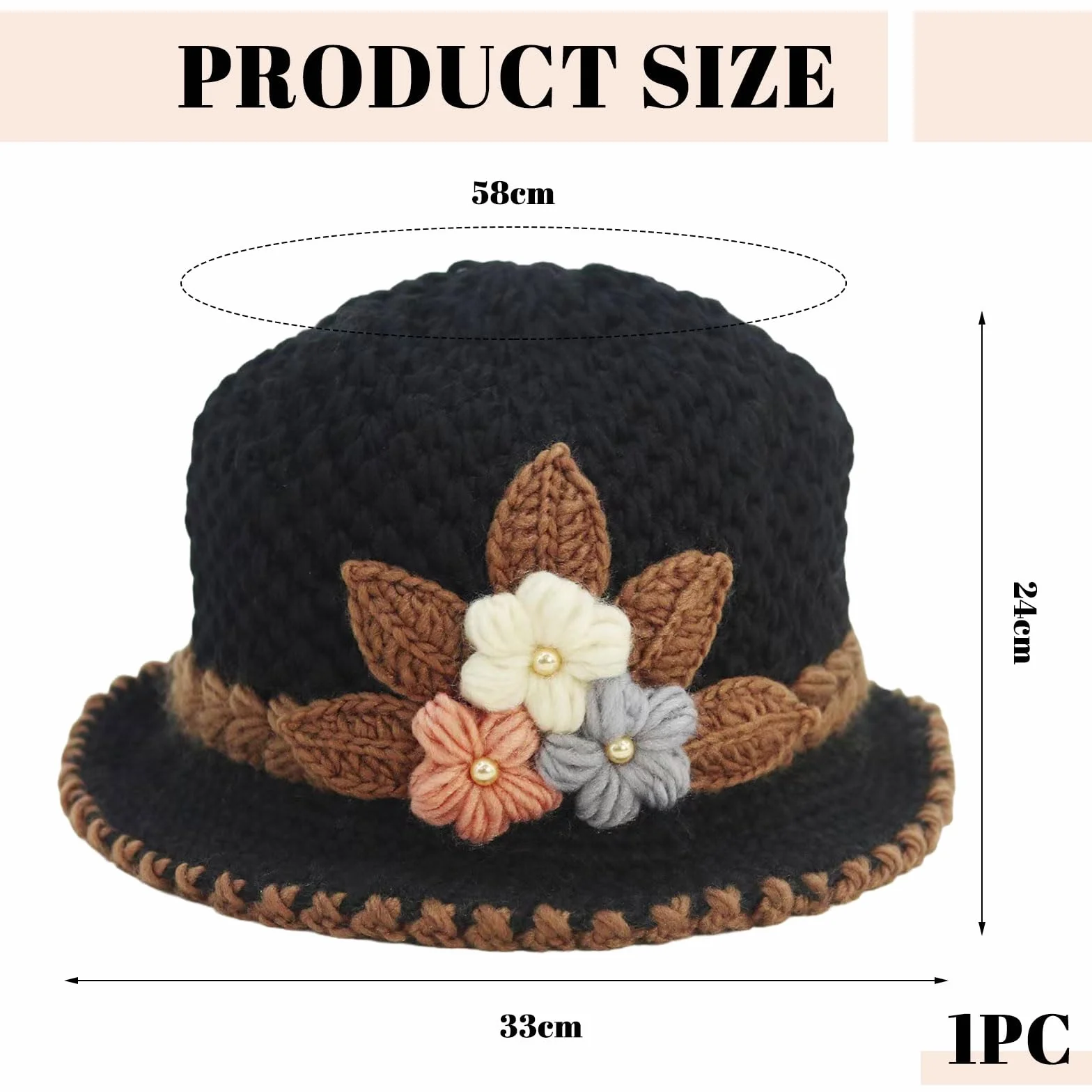 French Thicken Mujeres Flores Sombrero de Punto Elegante Gorro de Dama Sombrero de Cubo de Ganchillo para el Invierno, Sombrero Vintage de Flores Ganchillo Sombrero Hueco Sombrero de