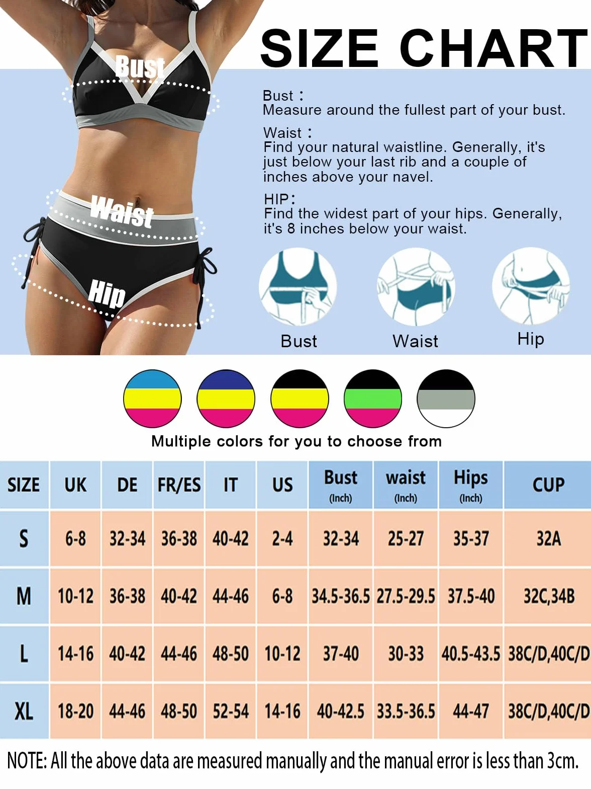 JFAN Traje de baño de mujer de dos piezas sexy Push up Cuello en V Talle Alto Bikini de conjunto Bloques de Color