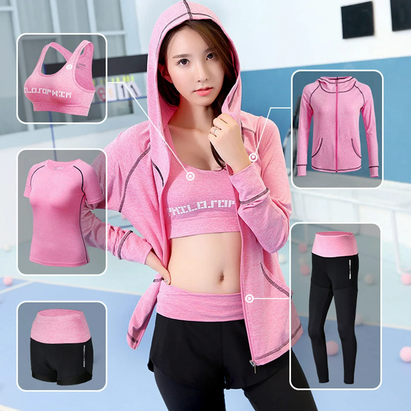 Conjunto de yoga para mujer de 5 piezas, conjunto de ropa deportiva para gimnasio, top de manga larga, mallas, shorts, sujetador y chaqueta; traje de yoga elástico de secado rápido