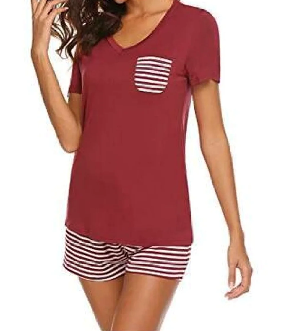 Pijama De Mujer Manga Corta,Pijama De Manga Corta con Cuello En V A Rayas Rojas para Mujer, Conjunto De 2 Piezas, Pijama Suave Y Cómodo para Mujer, Ropa De Salón, Regalo del Día De La Madre para