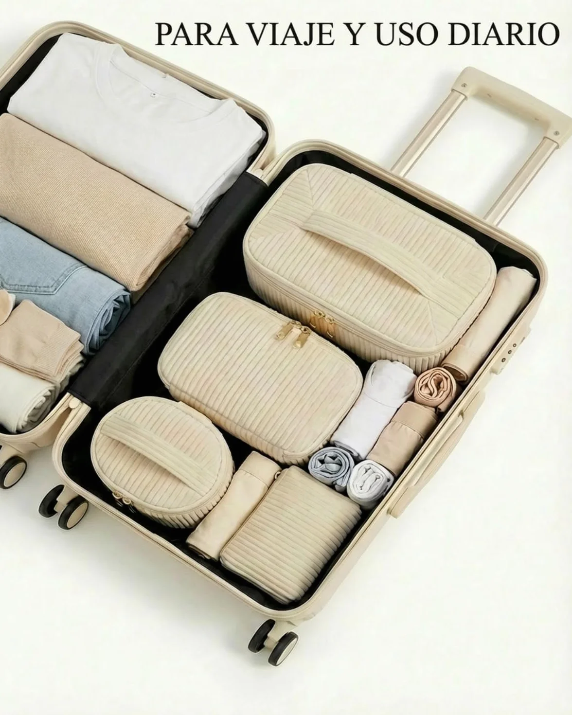 Set de 4 Neceseres Maquillaje Mujer de Nailon con Asa, Estuche Cosméticos Grande Mediano Pequeño Mini, Organizador de Viaje y Uso Diario, Beige