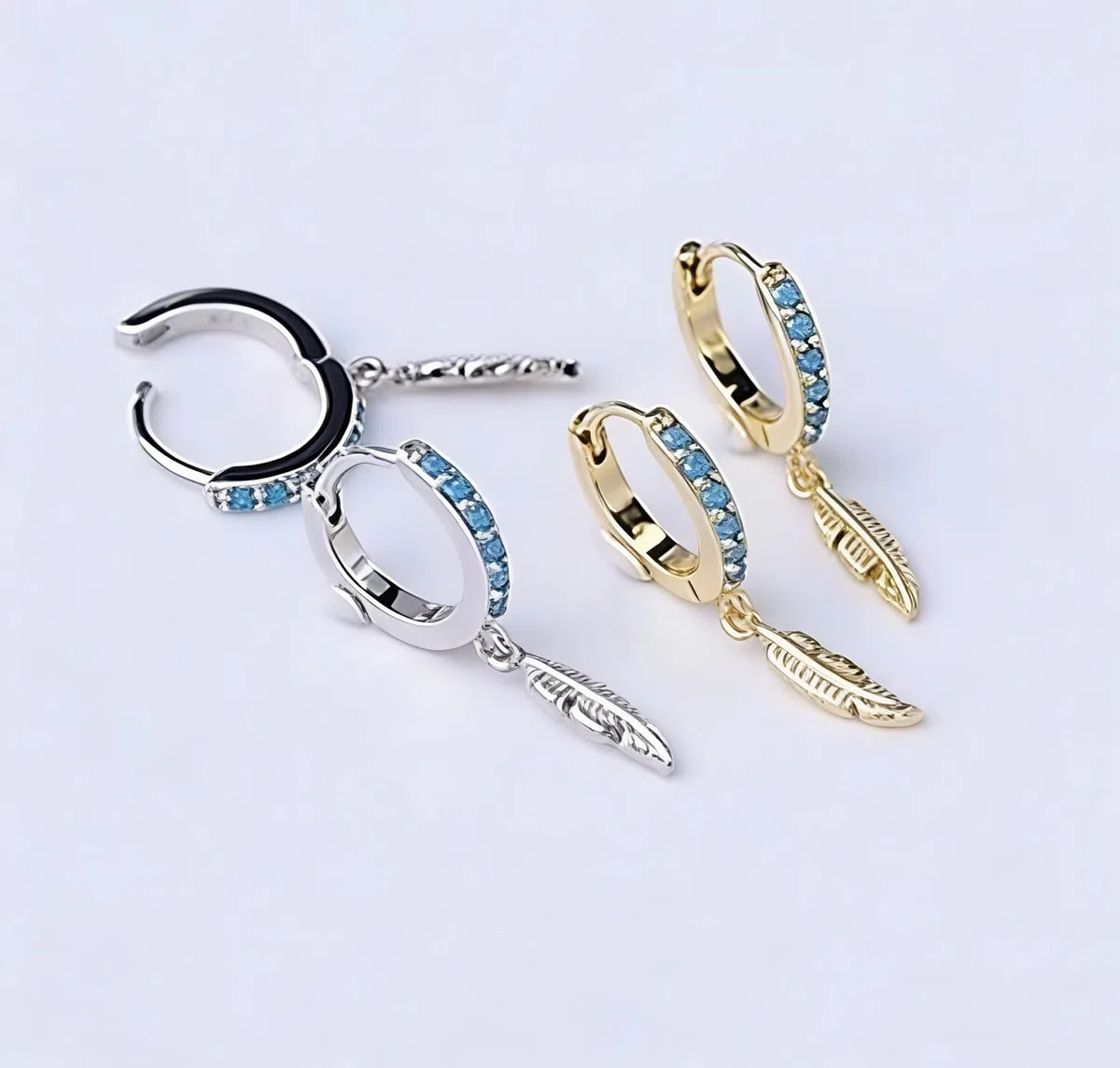 Pendientes de oro blanco de 9 K/14 K/18 K/PT950, joyas auténticas con turquesa redonda, pluma de aro
