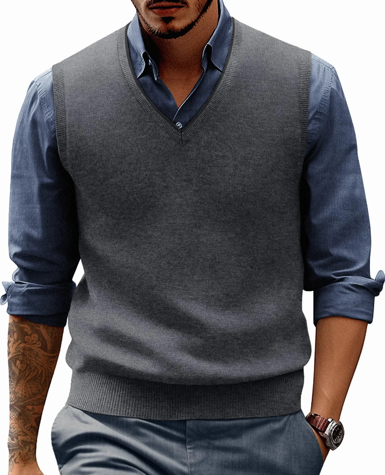PaulJones Chaleco sin mangas con cuello en V para hombre, ajuste delgado, ropa de punto, suéter de punto, cárdigans, camisetas sin mangas