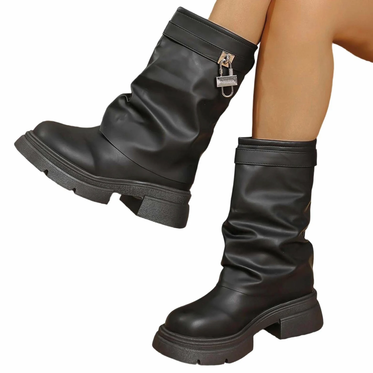 Botines de tacón grueso para mujer, estilo retro, versátiles, hasta la pantorrilla