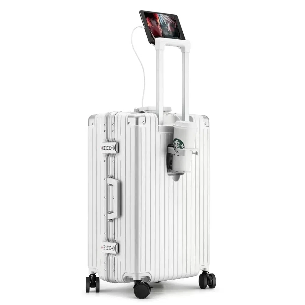 Maleta Multifuncional con Ruedas Giratorias y Puerto de Carga USB - Equipaje de Aluminio con Lados Rígidos - Equipaje de Mano Ligero (Color : White, Size : 26")