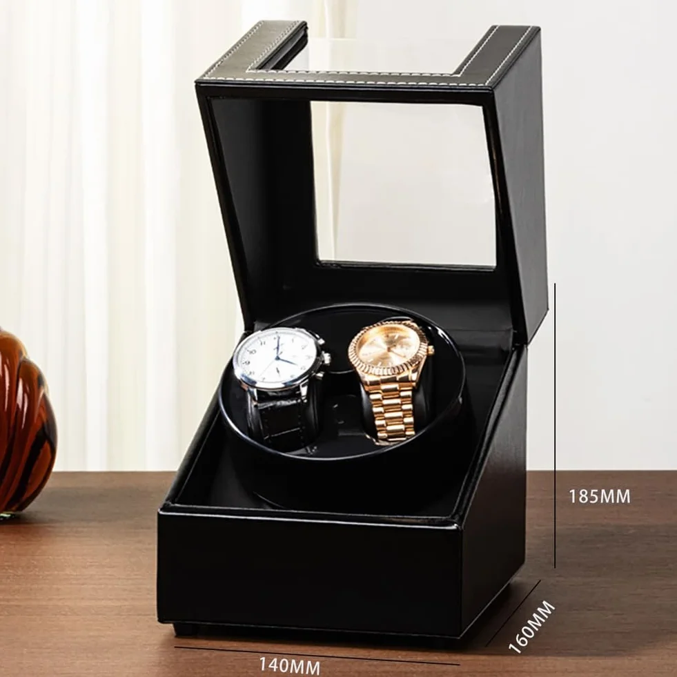 Enrollador de reloj doble para relojes automáticos, caja de cuero, 2 ranuras