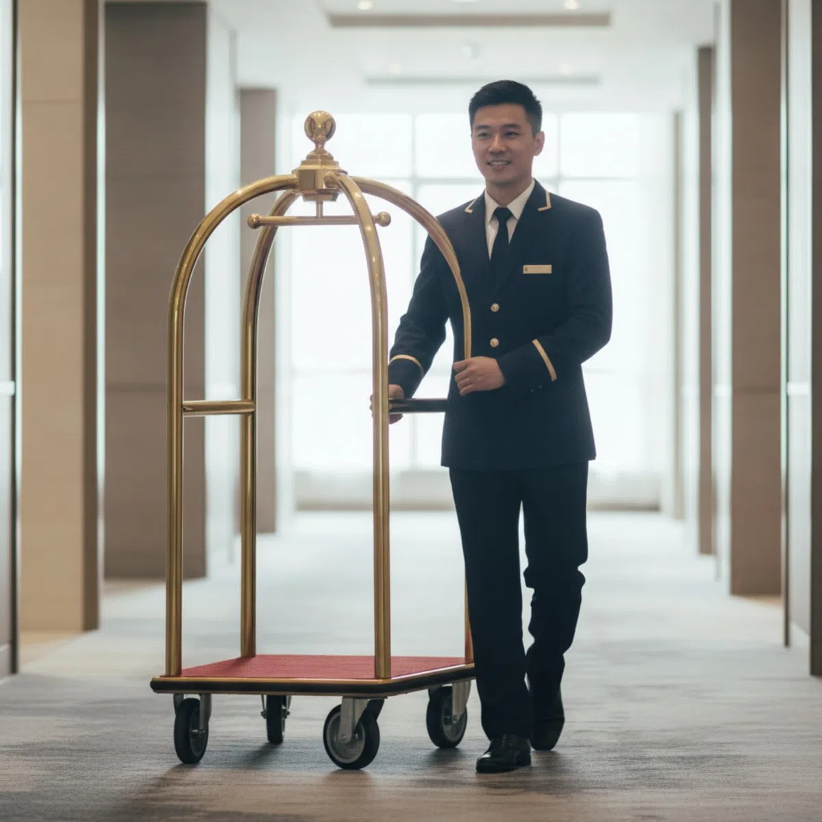 Carrito de Equipaje Carro Maletero Trolley Hotel Diseño Elegante Base Roja Superficie Rectangular Transporte de Maletas Adecuado para Recepción de Hotel Vestíbulo Aeropuerto