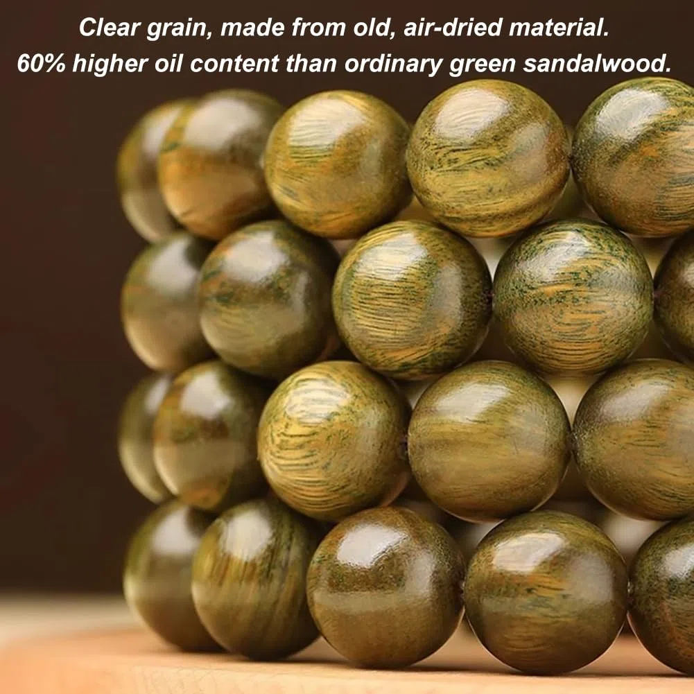 Pulsera de Cuentas de sándalo Verde Pulsera elástica de Cuentas de Madera Redondas pulidas a Mano para Hombres y Mujeres,18MM