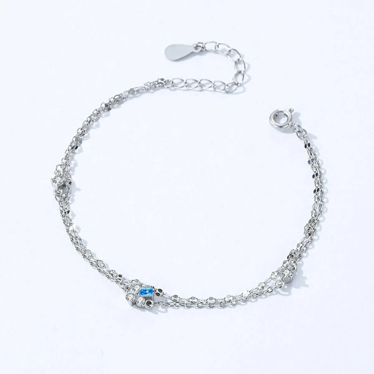 Pulseras de Mujer de Oro Blanco de 9Kilates / 14Kilates / 18Kilates, Cadena Doble Capa con Topacio y Moissanita, Cadena Extensible 16 CM + 5 CM, Pulsera de Plata Azul de Ajustable Mujer