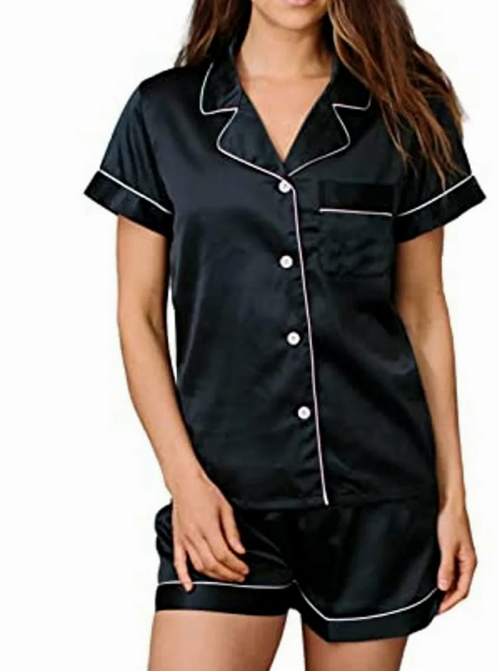 Pijama De Mujer Manga Corta,Botones De Solapa Negros Pijama De Manga Corta De Verano Para Mujer Conjunto De 2 Piezas Pijamas Suaves Y Cómodos Para Mujer Ropa De Descanso Regalo Del Día De La Madre
