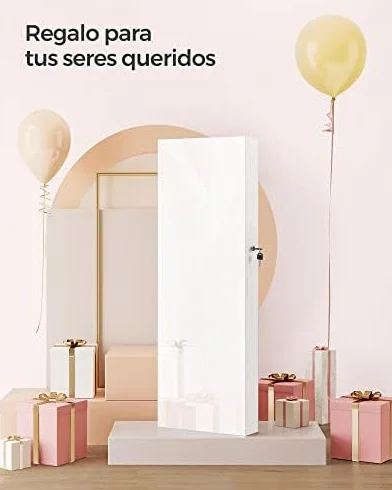 SONGMICS Armario Joyero, Espejo Joyero Montado en la Pared o en la Puerta, Espejo Colgante con Cerradura, 2 Organizadores de Maquillaje de Plástico Extraíbles, Idea de Regalo, Blanco JJC001W01